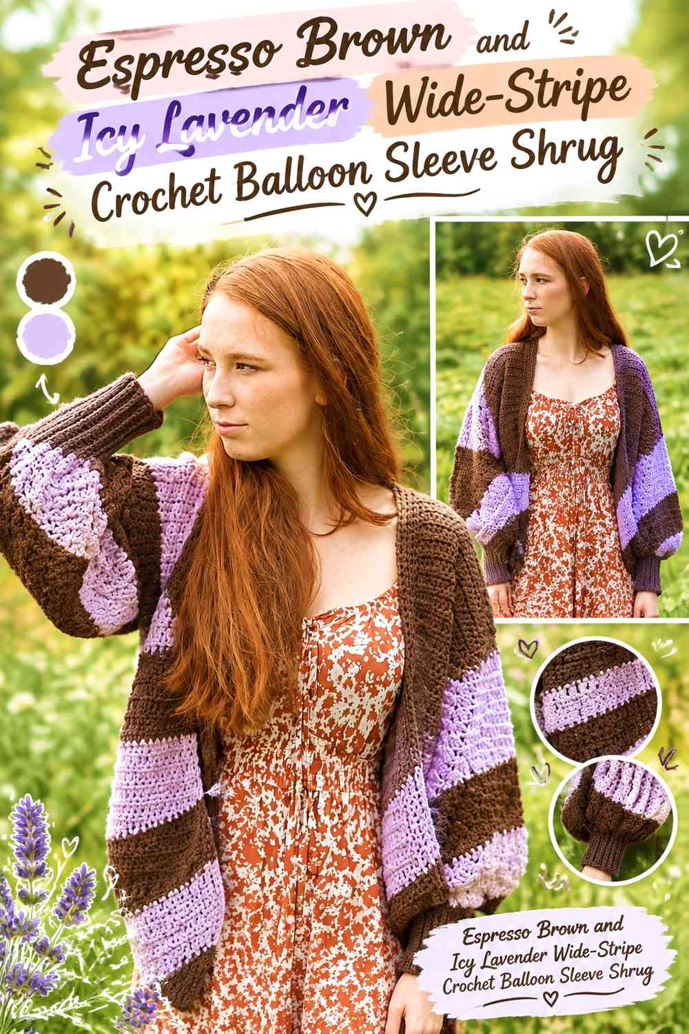 Espresso Brown and Icy Lavender Wide-Stripe Crochet Balloon Sleeve Shrug