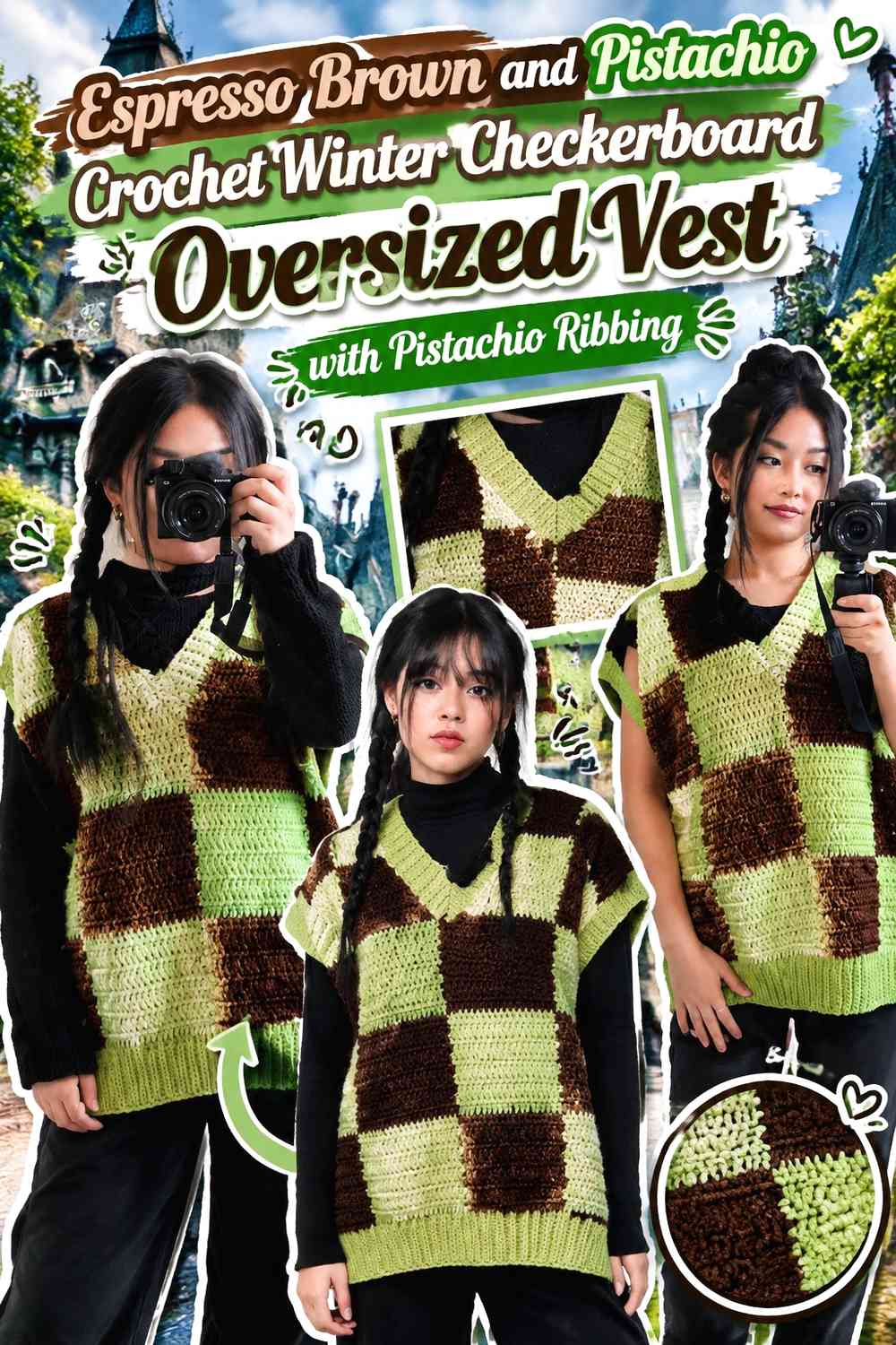 Espresso Brown and Pistachio Crochet Winter Checkerboard Oversized Vest with Pistachio Ribbing