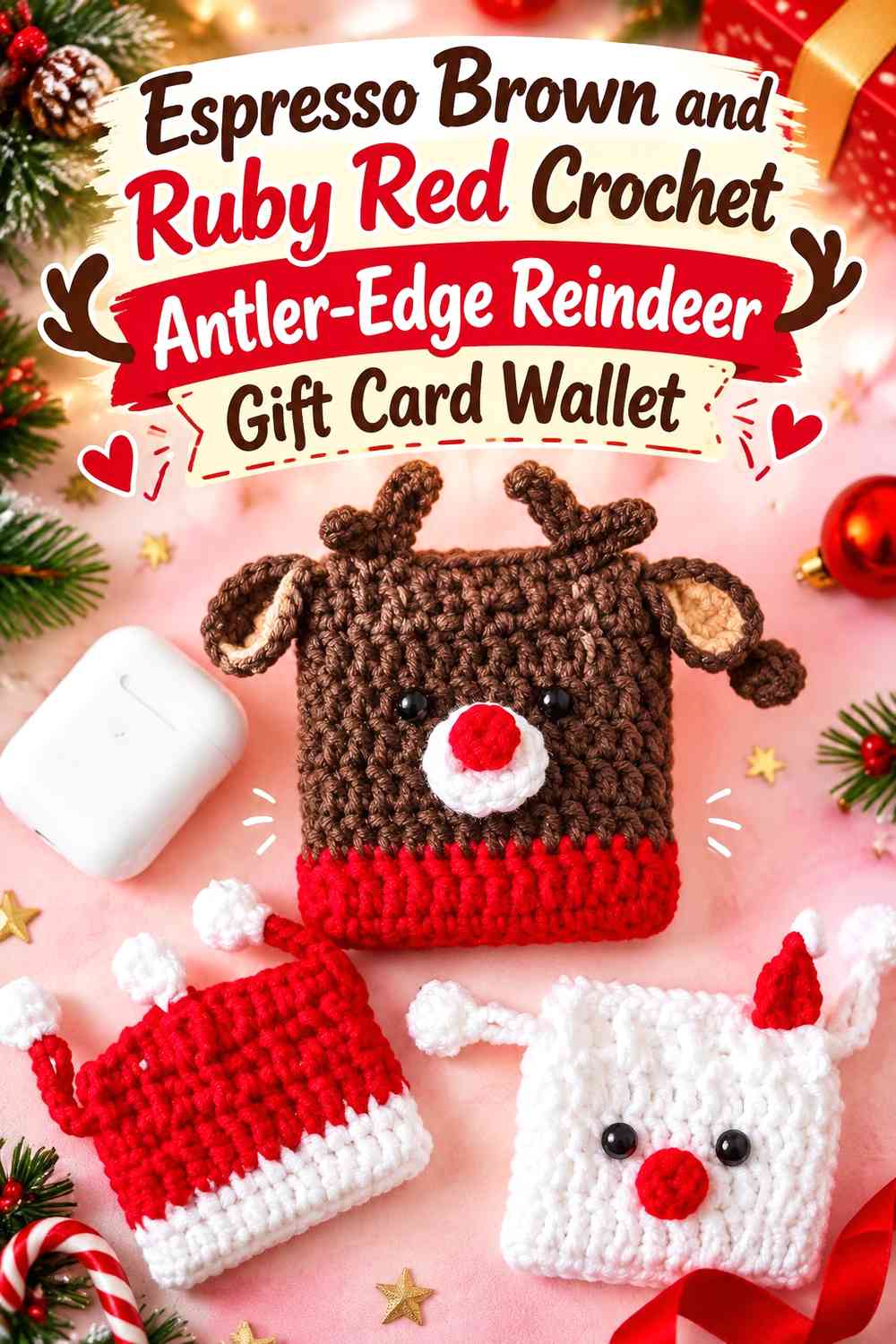 Espresso Brown and Ruby Red Crochet Antler-Edge Reindeer Gift Card Wallet