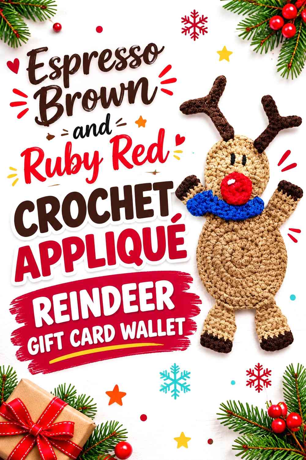 Espresso Brown and Ruby Red Crochet Appliqué Reindeer Gift Card Wallet