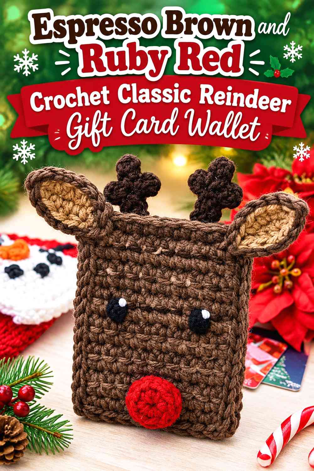 Espresso Brown and Ruby Red Crochet Classic Reindeer Gift Card Wallet