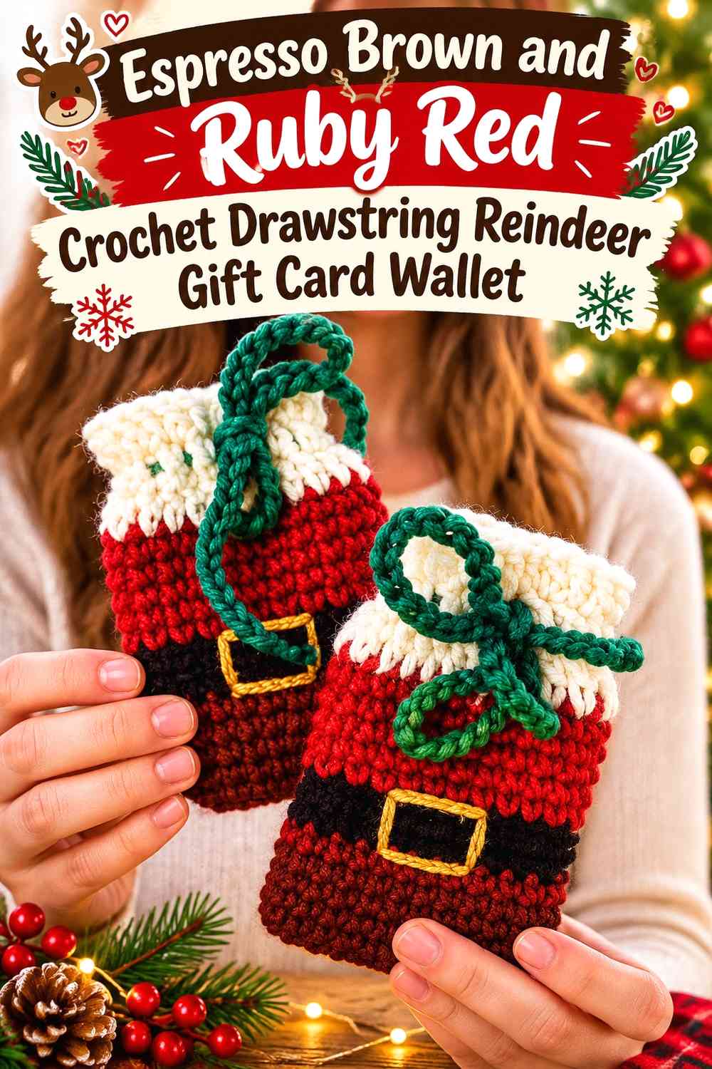 Espresso Brown and Ruby Red Crochet Drawstring Reindeer Gift Card Wallet