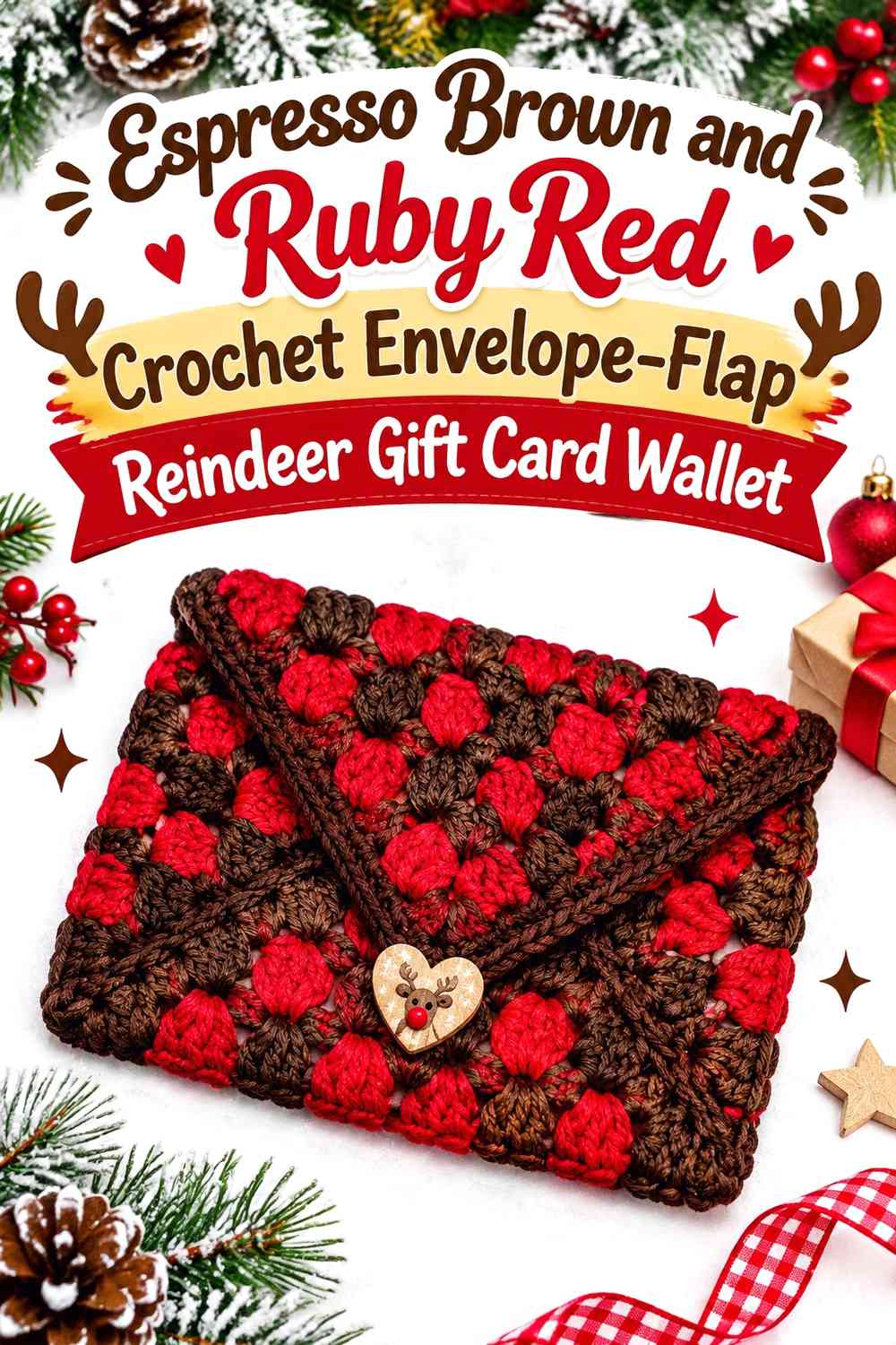 Espresso Brown and Ruby Red Crochet Envelope-Flap Reindeer Gift Card Wallet