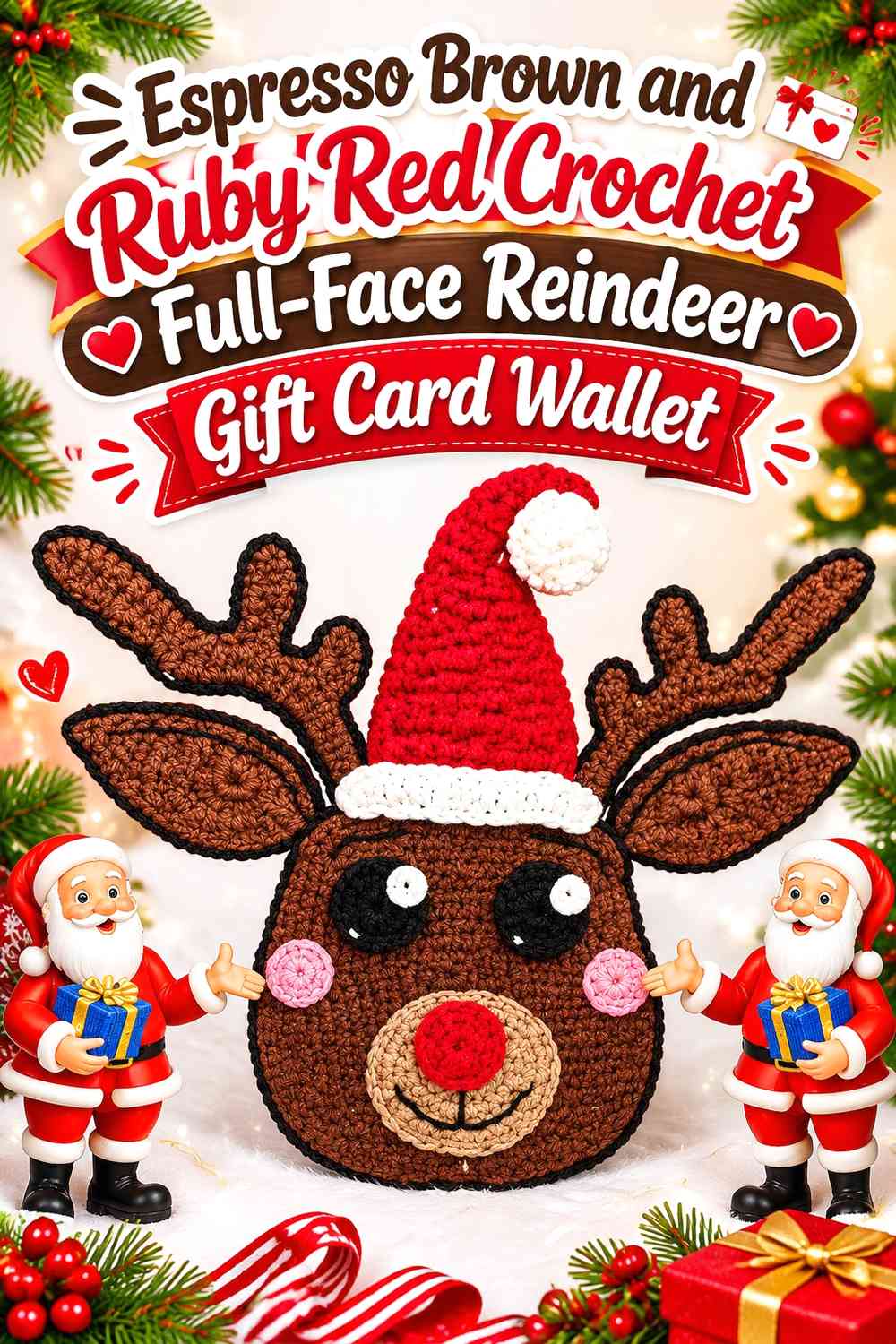 Espresso Brown and Ruby Red Crochet Full-Face Reindeer Gift Card Wallet