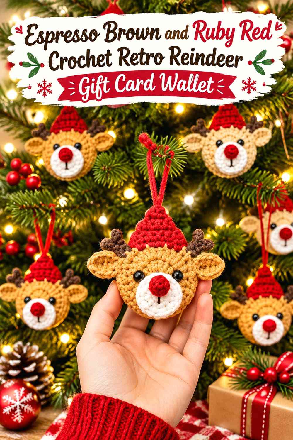 Espresso Brown and Ruby Red Crochet Retro Reindeer Gift Card Wallet