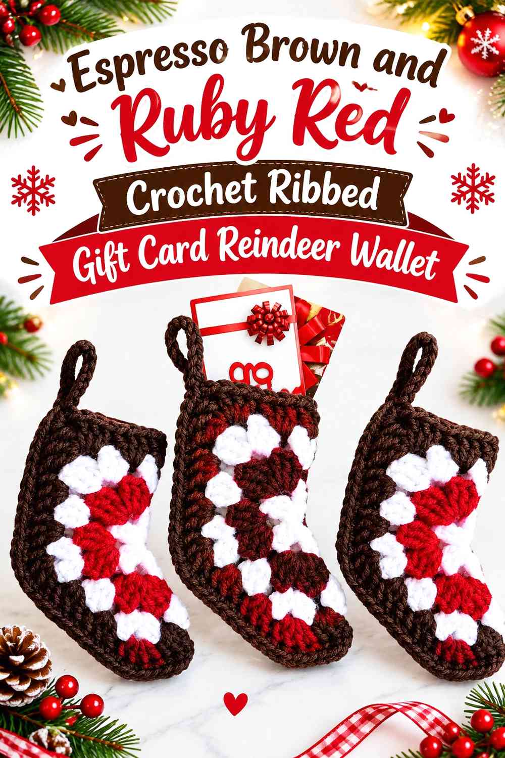 Espresso Brown and Ruby Red Crochet Ribbed Gift Card Reindeer Wallet