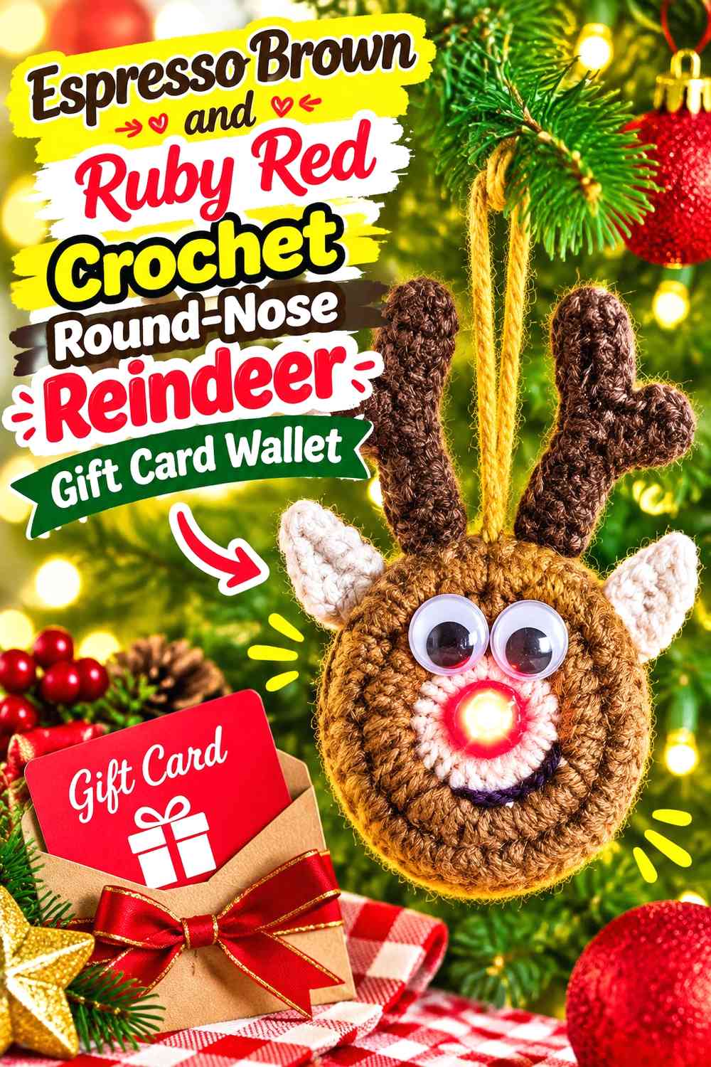 Espresso Brown and Ruby Red Crochet Round-Nose Reindeer Gift Card Wallet
