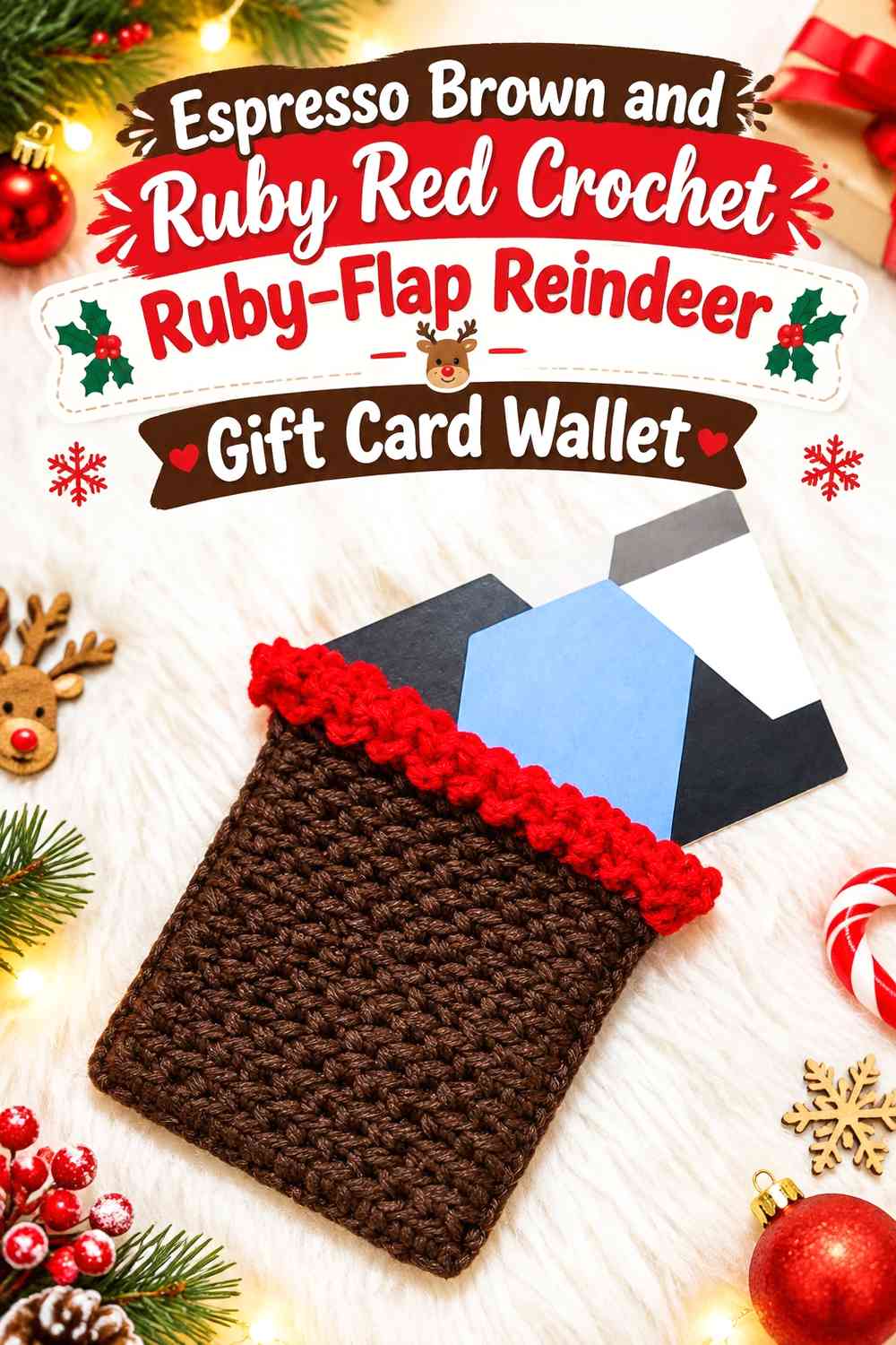 Espresso Brown and Ruby Red Crochet Ruby-Flap Reindeer Gift Card Wallet