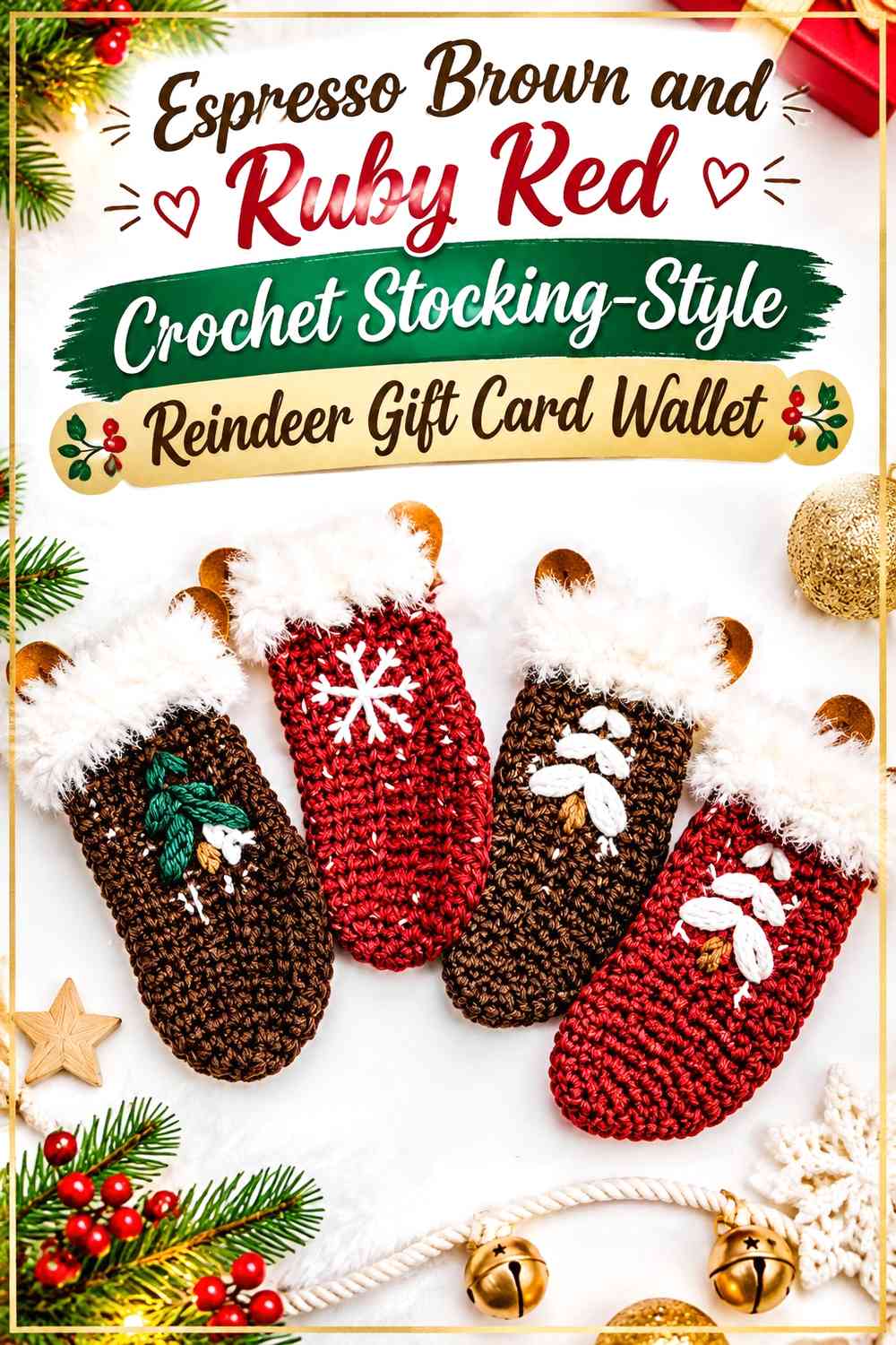 Espresso Brown and Ruby Red Crochet Stocking-Style Reindeer Gift Card Wallet