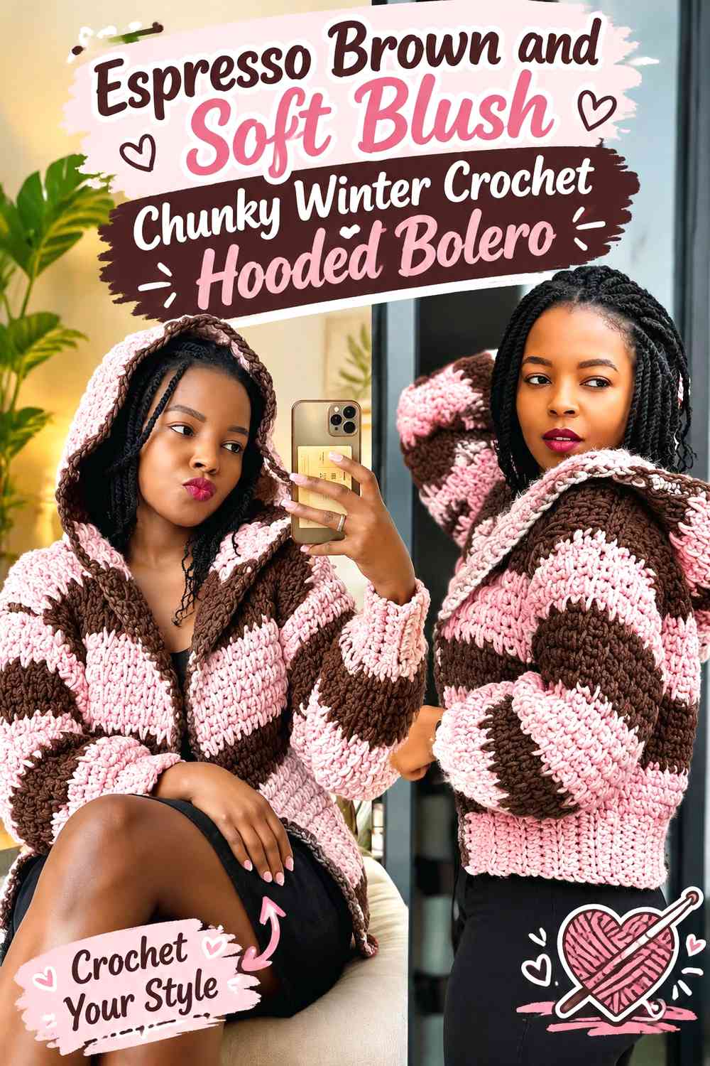 Espresso Brown and Soft Blush Chunky Winter Crochet Hooded Bolero