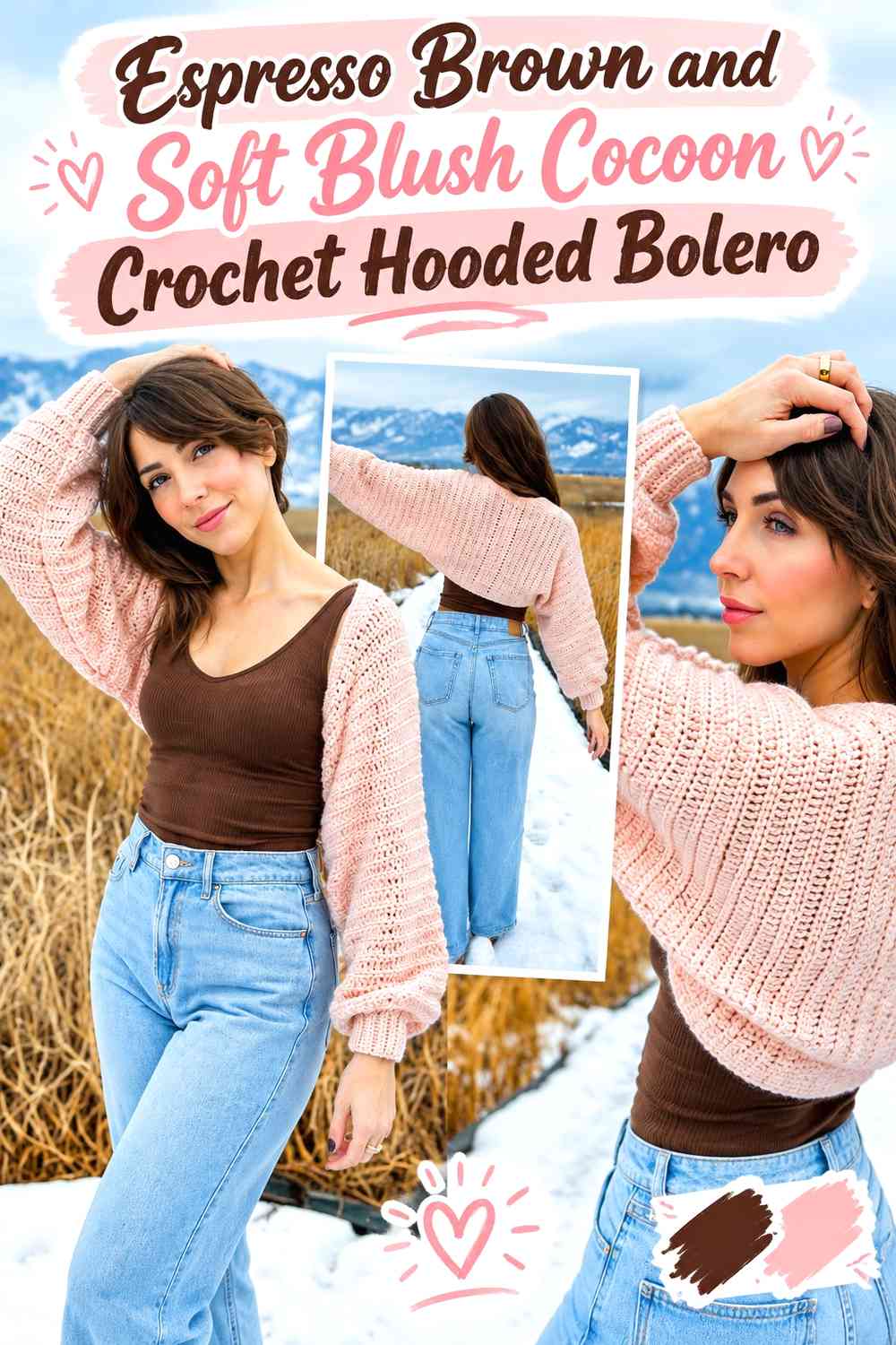 Espresso Brown and Soft Blush Cocoon Crochet Hooded Bolero