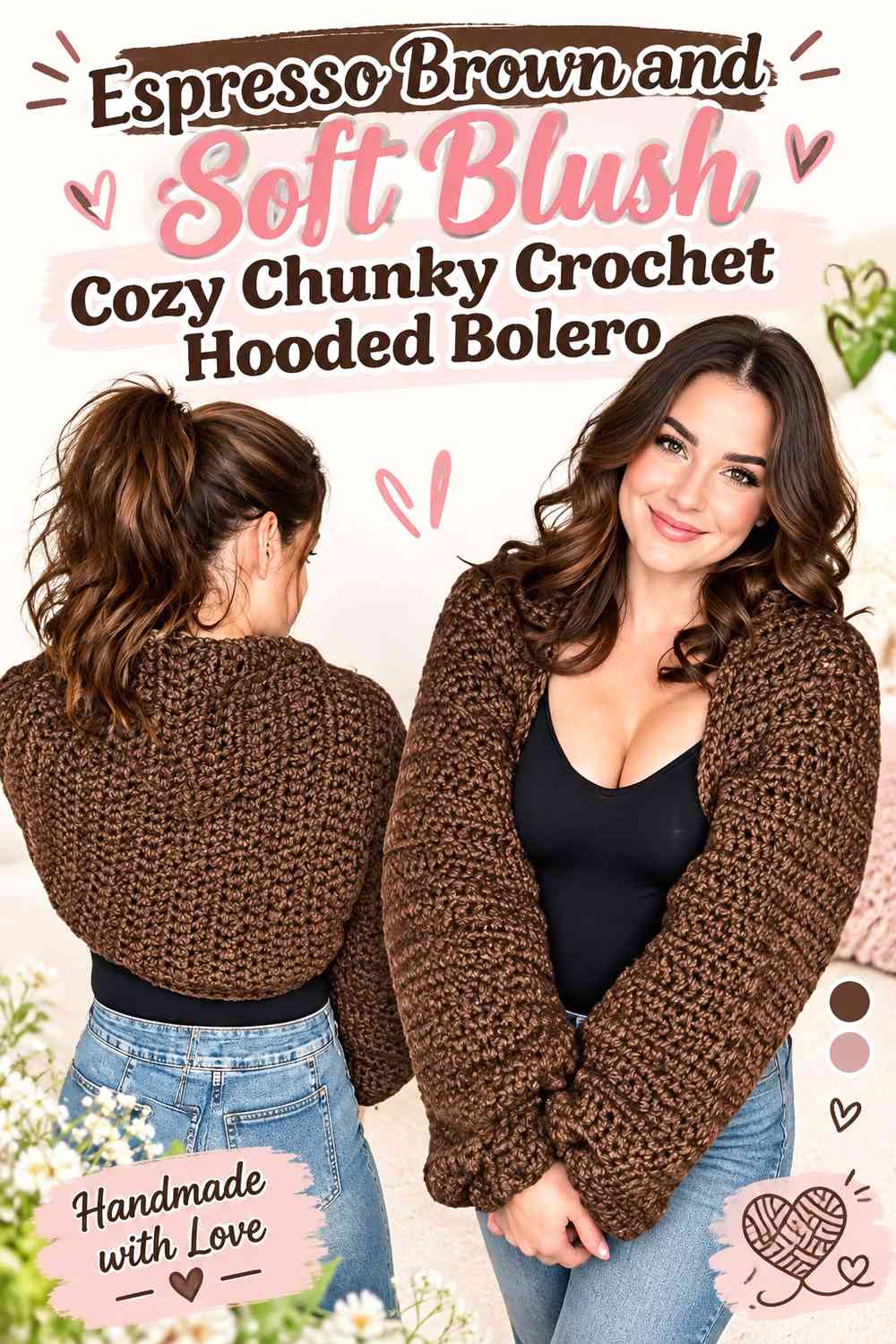 Espresso Brown and Soft Blush Cozy Chunky Crochet Hooded Bolero