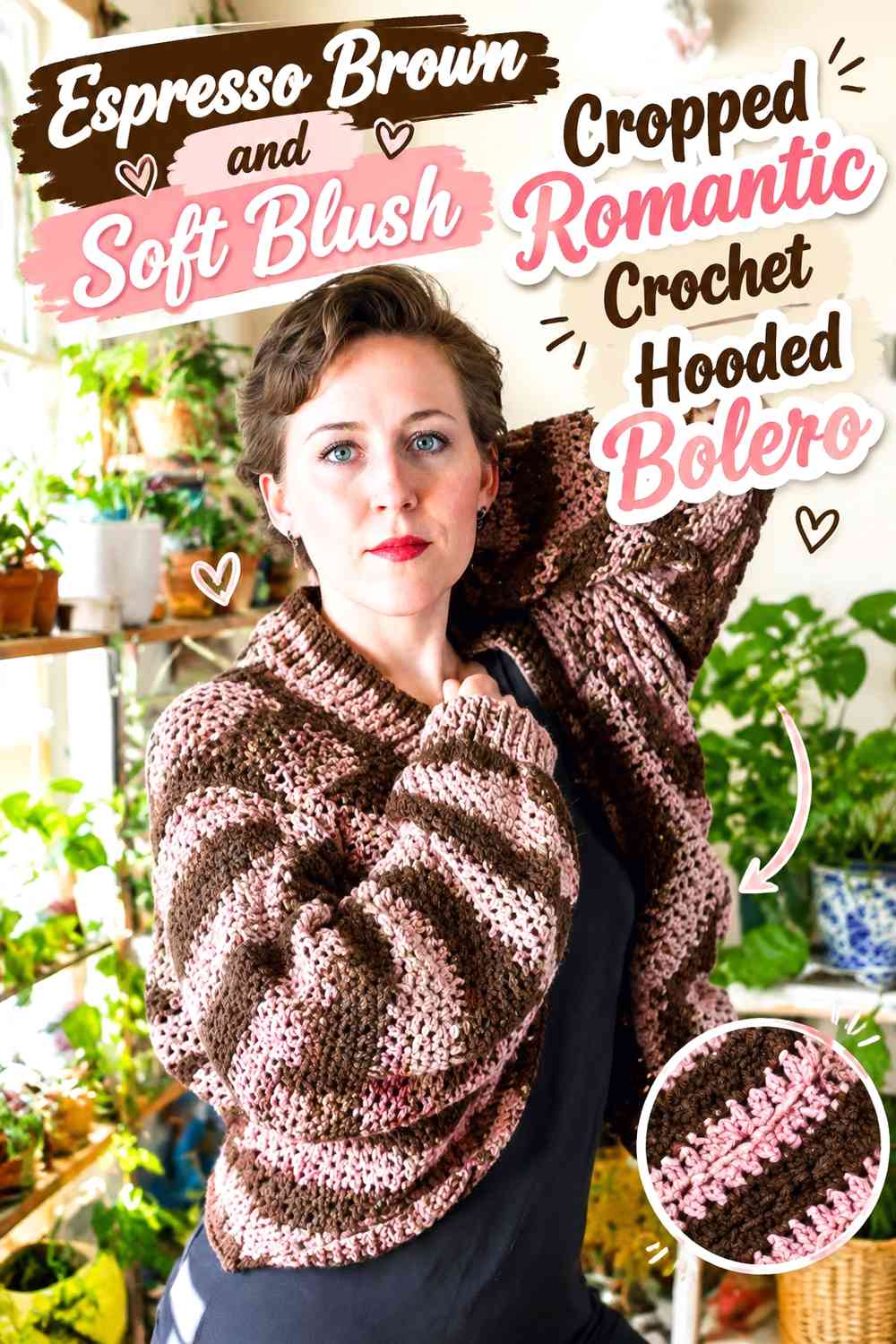Espresso Brown and Soft Blush Cropped Romantic Crochet Hooded Bolero