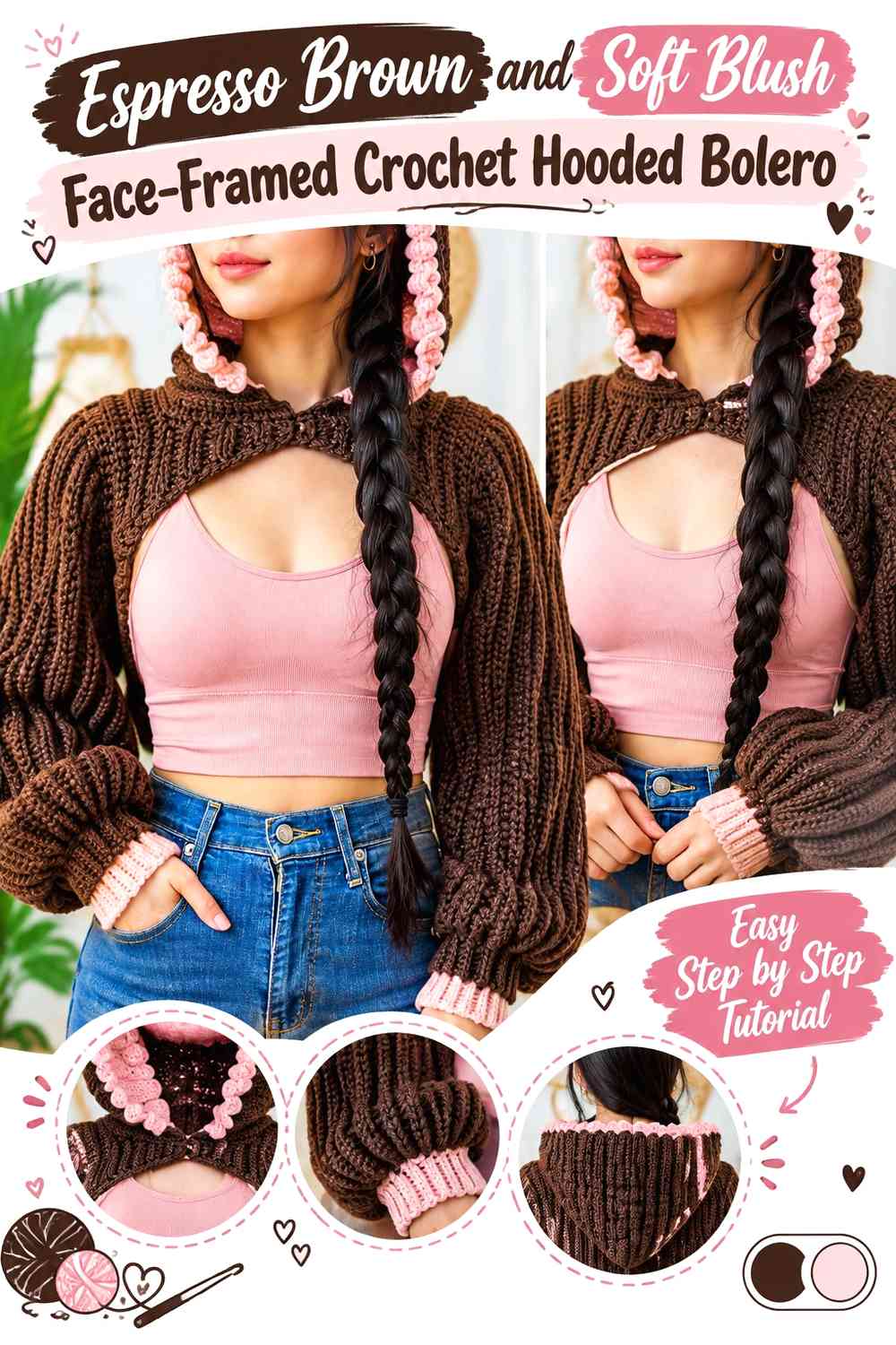 Espresso Brown and Soft Blush Face-Framed Crochet Hooded Bolero