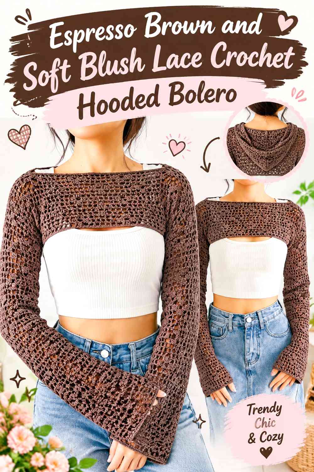 Espresso Brown and Soft Blush Lace Crochet Hooded Bolero