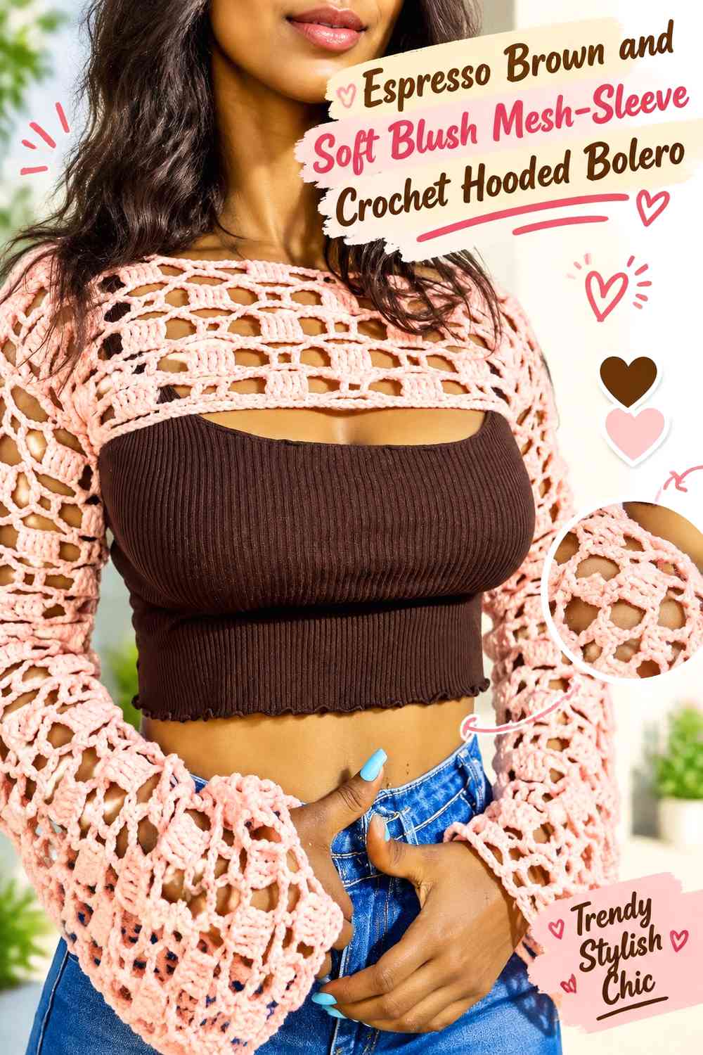 Espresso Brown and Soft Blush Mesh-Sleeve Crochet Hooded Bolero