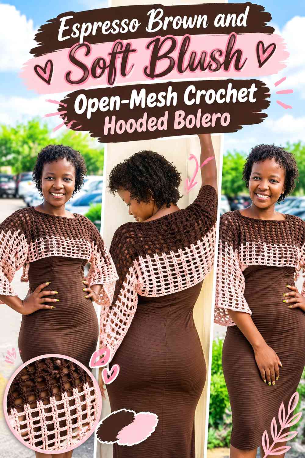 Espresso Brown and Soft Blush Open-Mesh Crochet Hooded Bolero