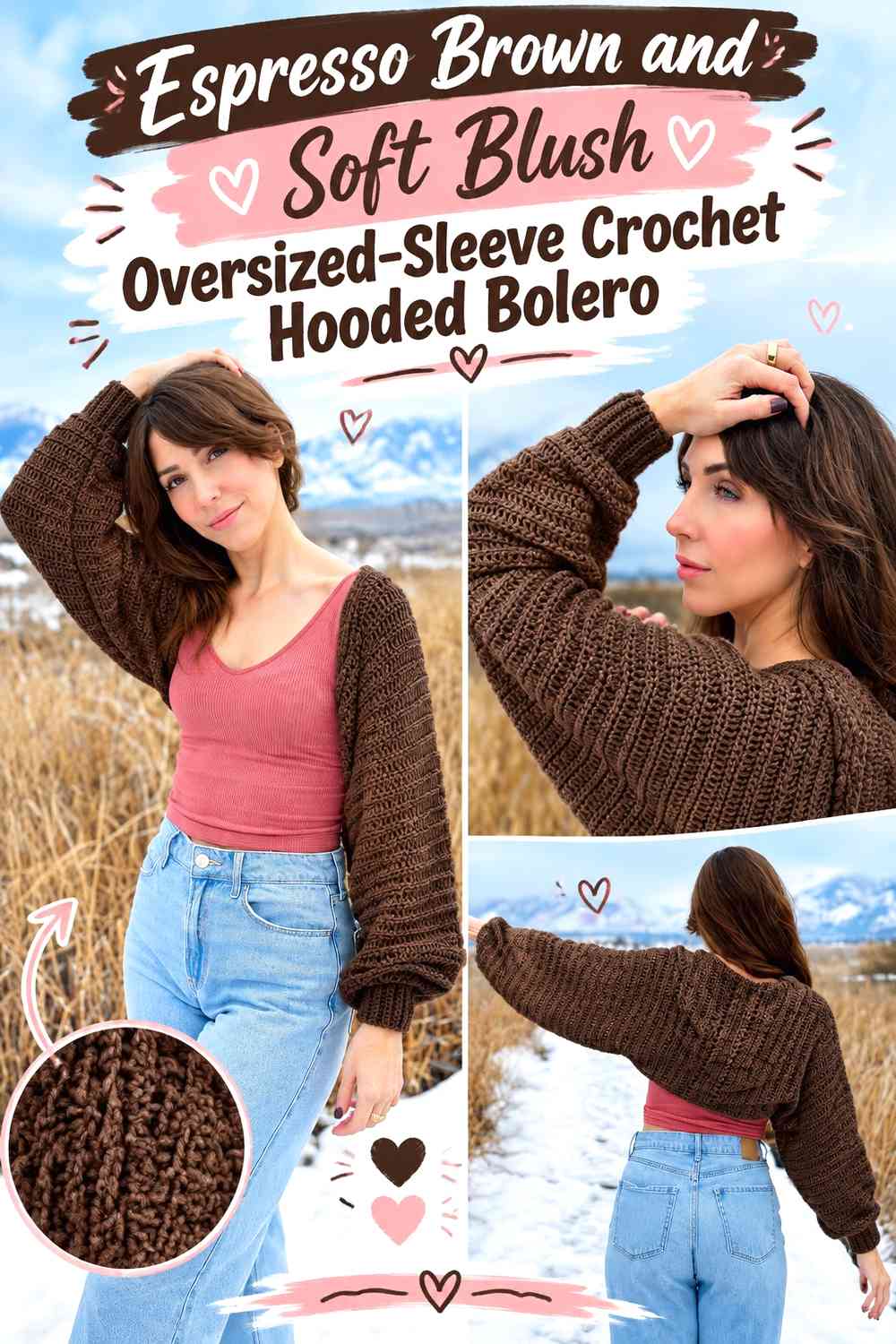 Espresso Brown and Soft Blush Oversized-Sleeve Crochet Hooded Bolero