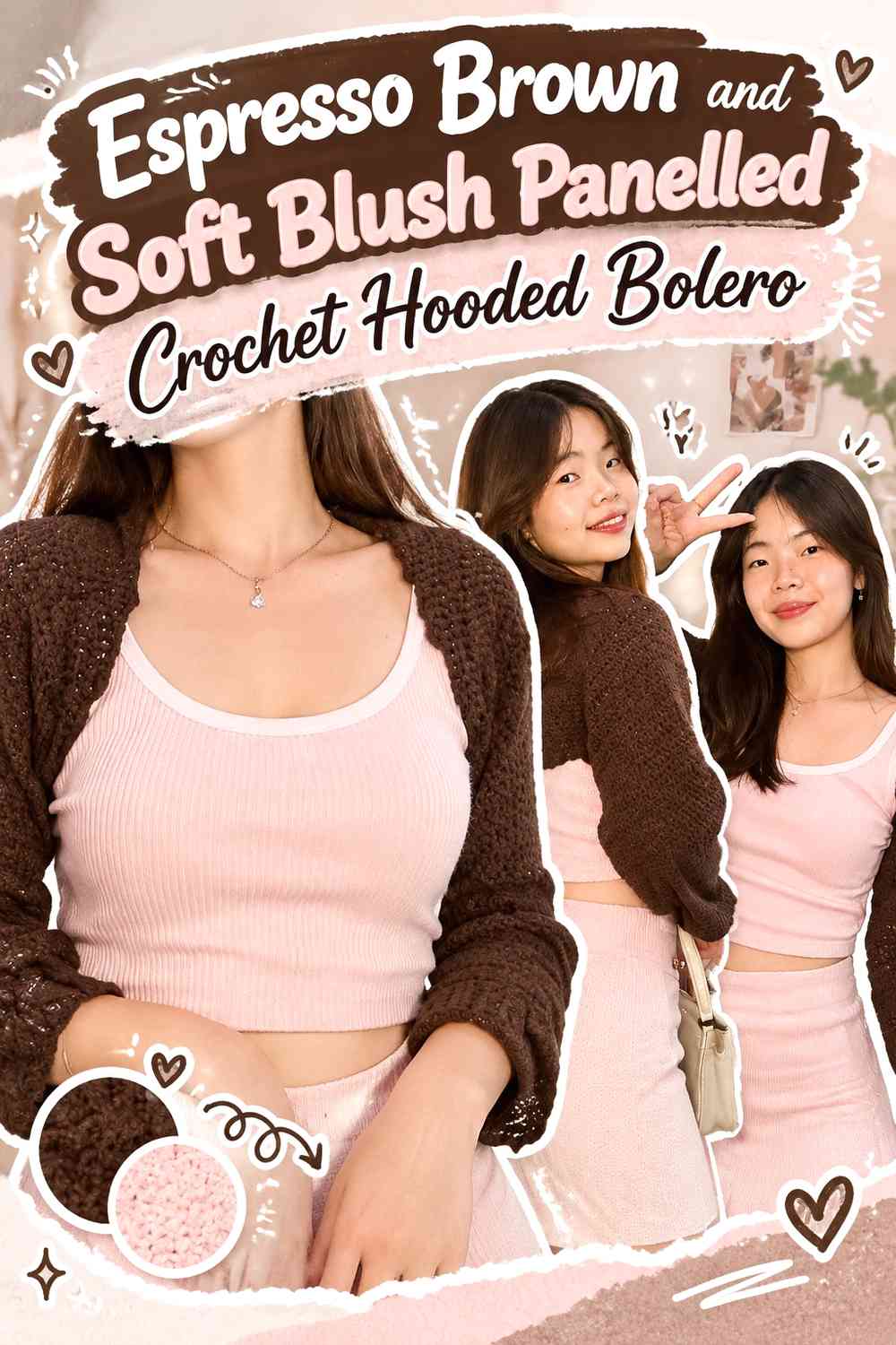 Espresso Brown and Soft Blush Panelled Crochet Hooded Bolero