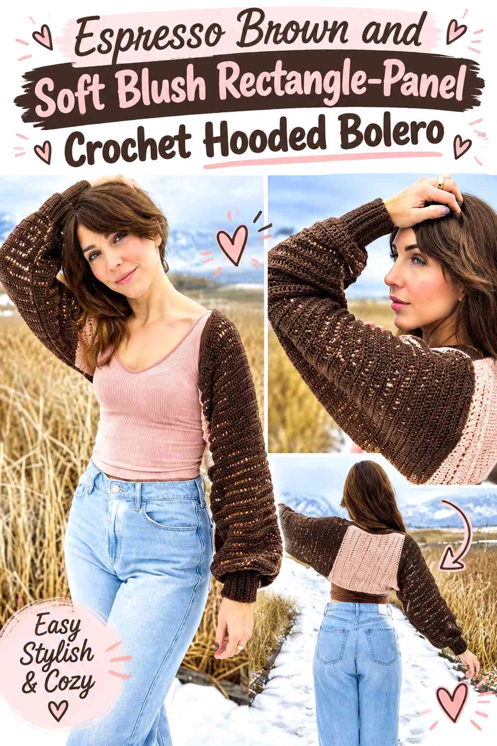 Espresso Brown and Soft Blush Rectangle-Panel Crochet Hooded Bolero