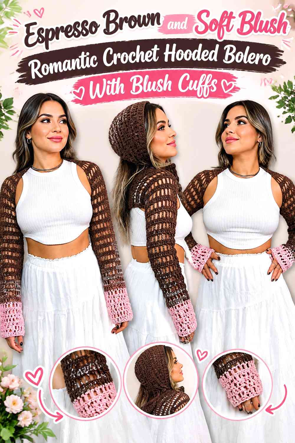 Espresso Brown and Soft Blush Romantic Crochet Hooded Bolero With Blush Cuffs