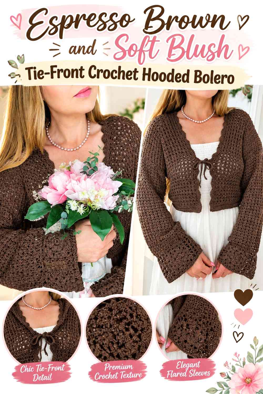 Espresso Brown and Soft Blush Tie-Front Crochet Hooded Bolero