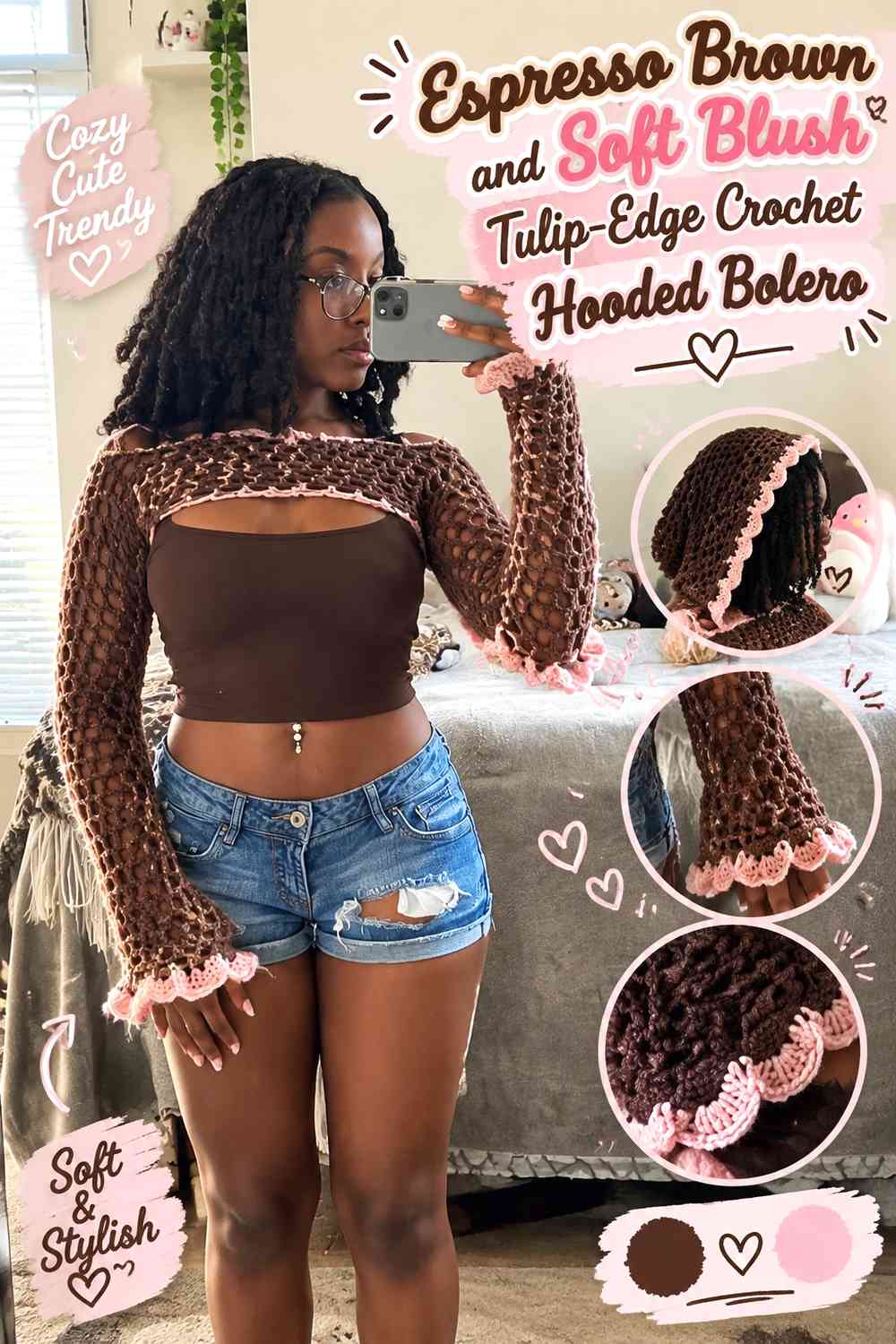 Espresso Brown and Soft Blush Tulip-Edge Crochet Hooded Bolero