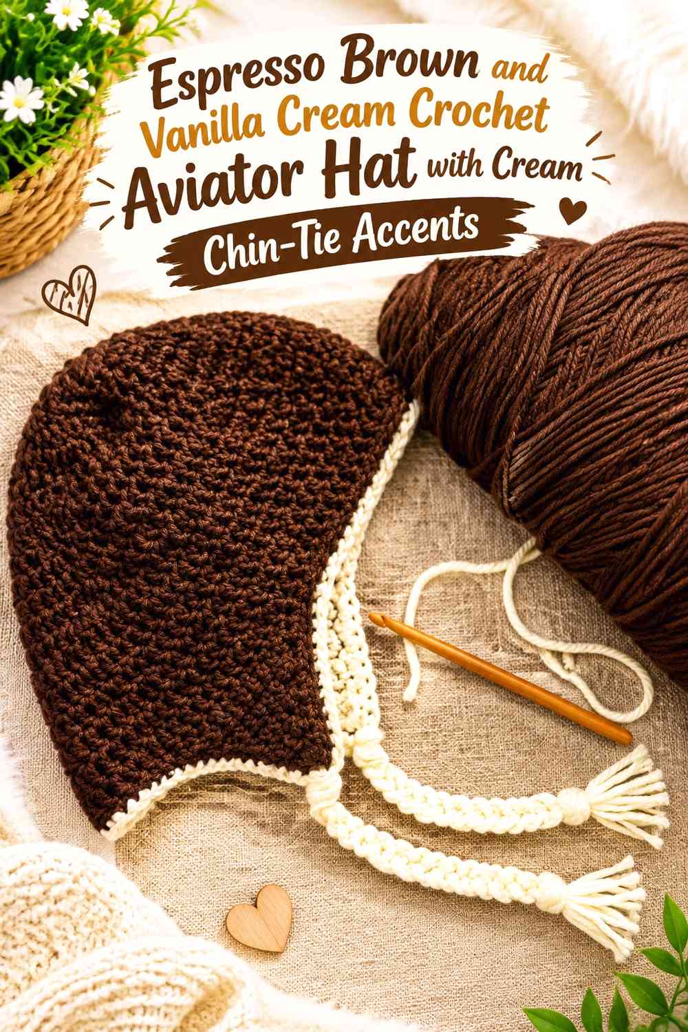 Espresso Brown and Vanilla Cream Crochet Aviator Hat with Cream Chin-Tie Accents