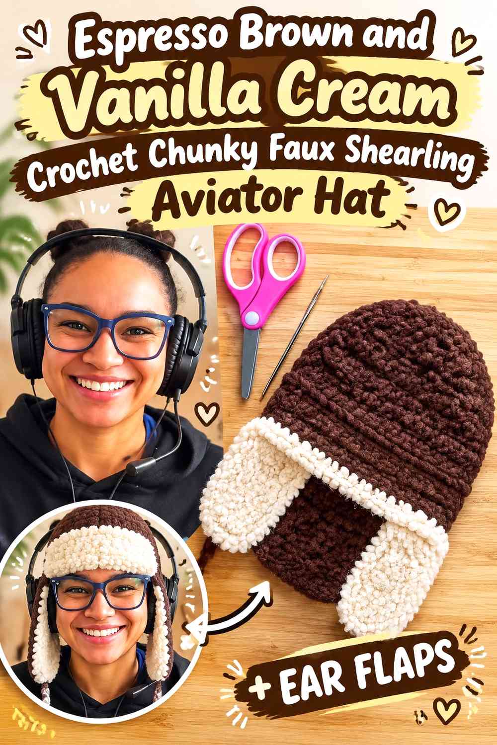 Espresso Brown and Vanilla Cream Crochet Chunky Faux Shearling Aviator Hat