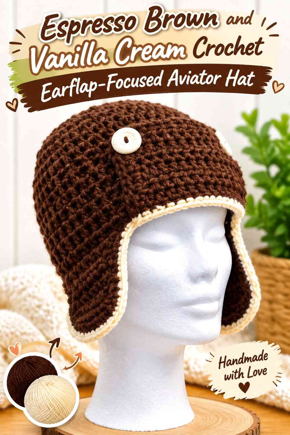 Espresso Brown and Vanilla Cream Crochet Earflap-Focused Aviator Hat