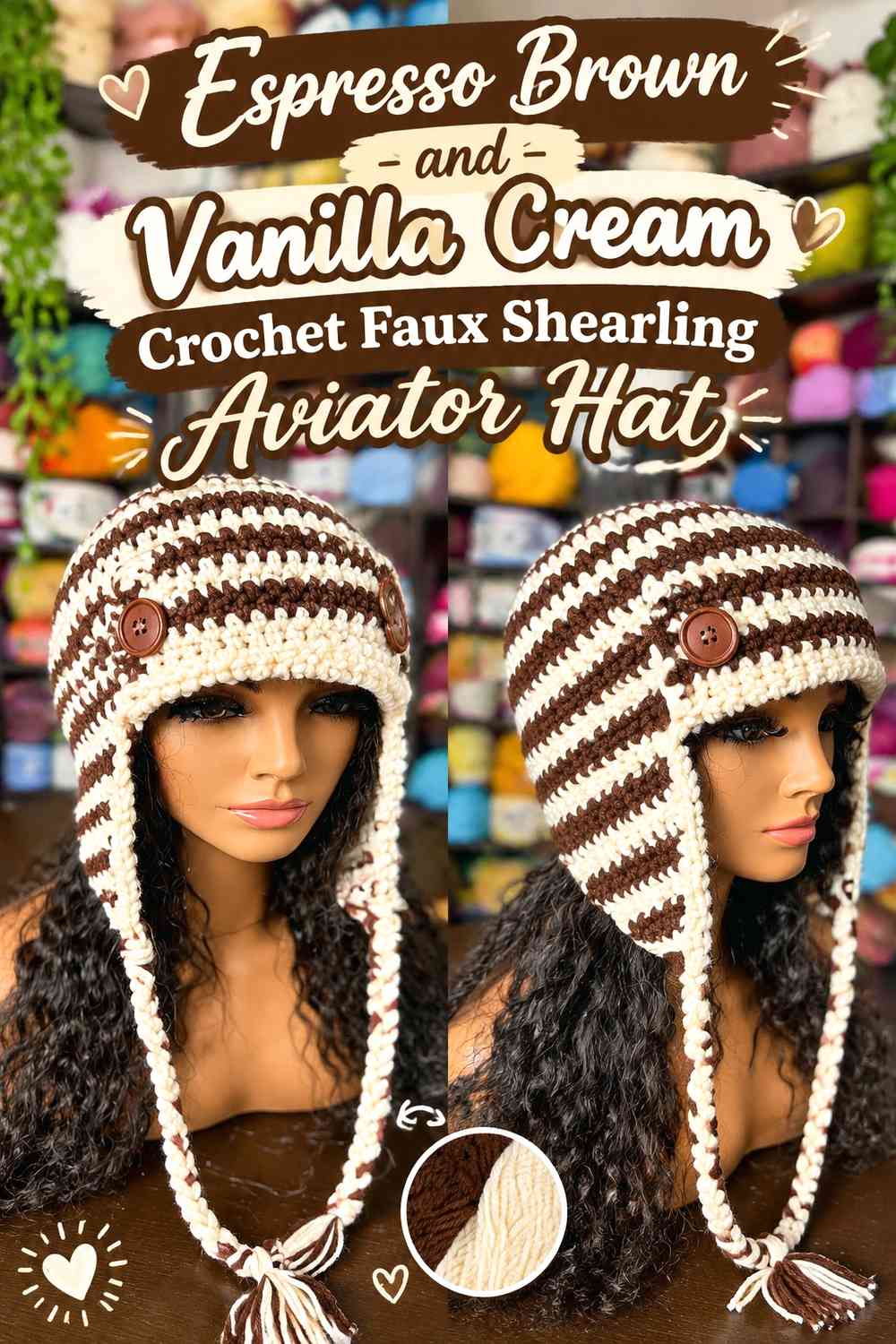 Espresso Brown and Vanilla Cream Crochet Faux Shearling Aviator Hat