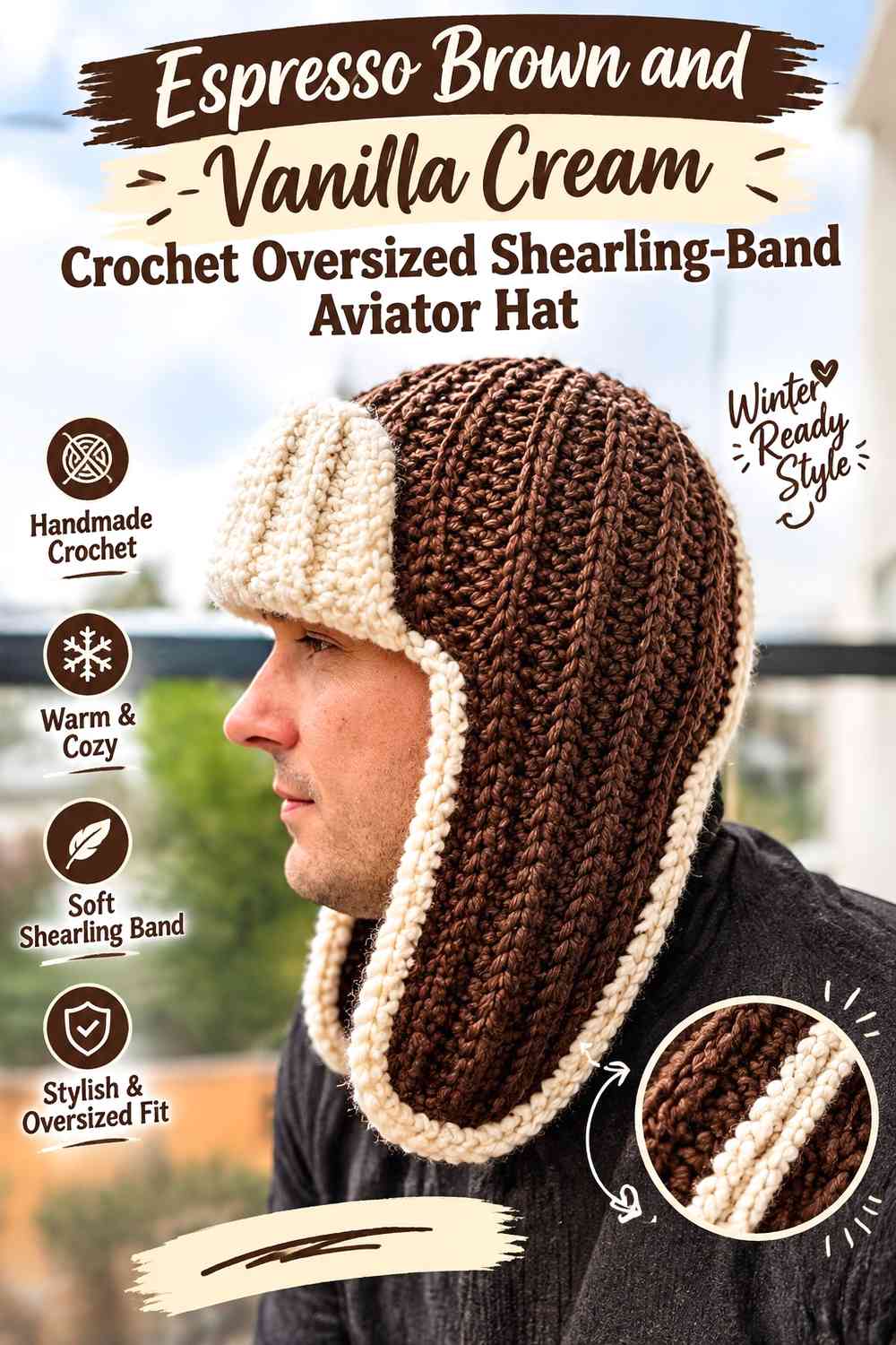 Espresso Brown and Vanilla Cream Crochet Oversized Shearling-Band Aviator Hat