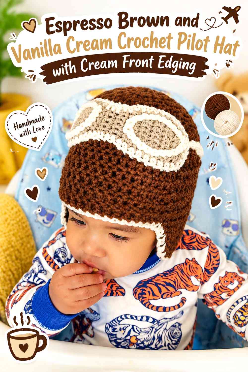 Espresso Brown and Vanilla Cream Crochet Pilot Hat with Cream Front Edging