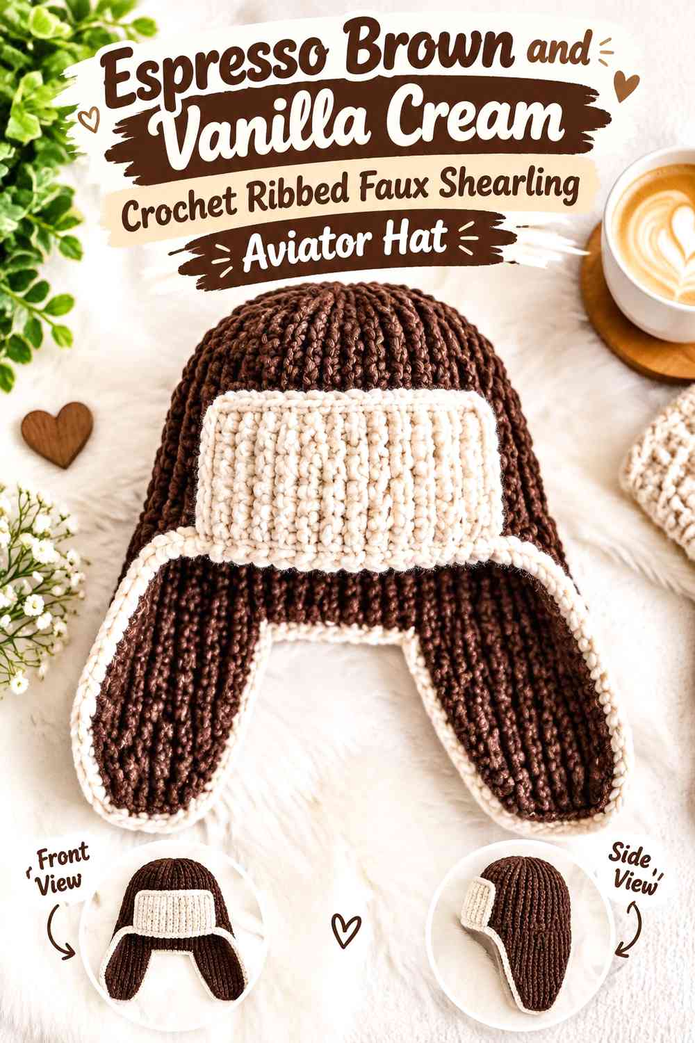 Espresso Brown and Vanilla Cream Crochet Ribbed Faux Shearling Aviator Hat