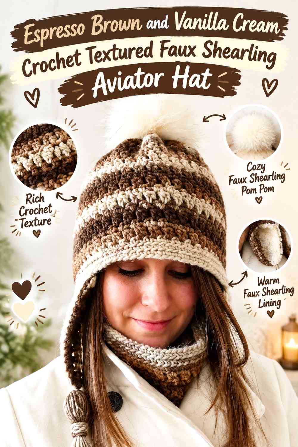 Espresso Brown and Vanilla Cream Crochet Textured Faux Shearling Aviator Hat
