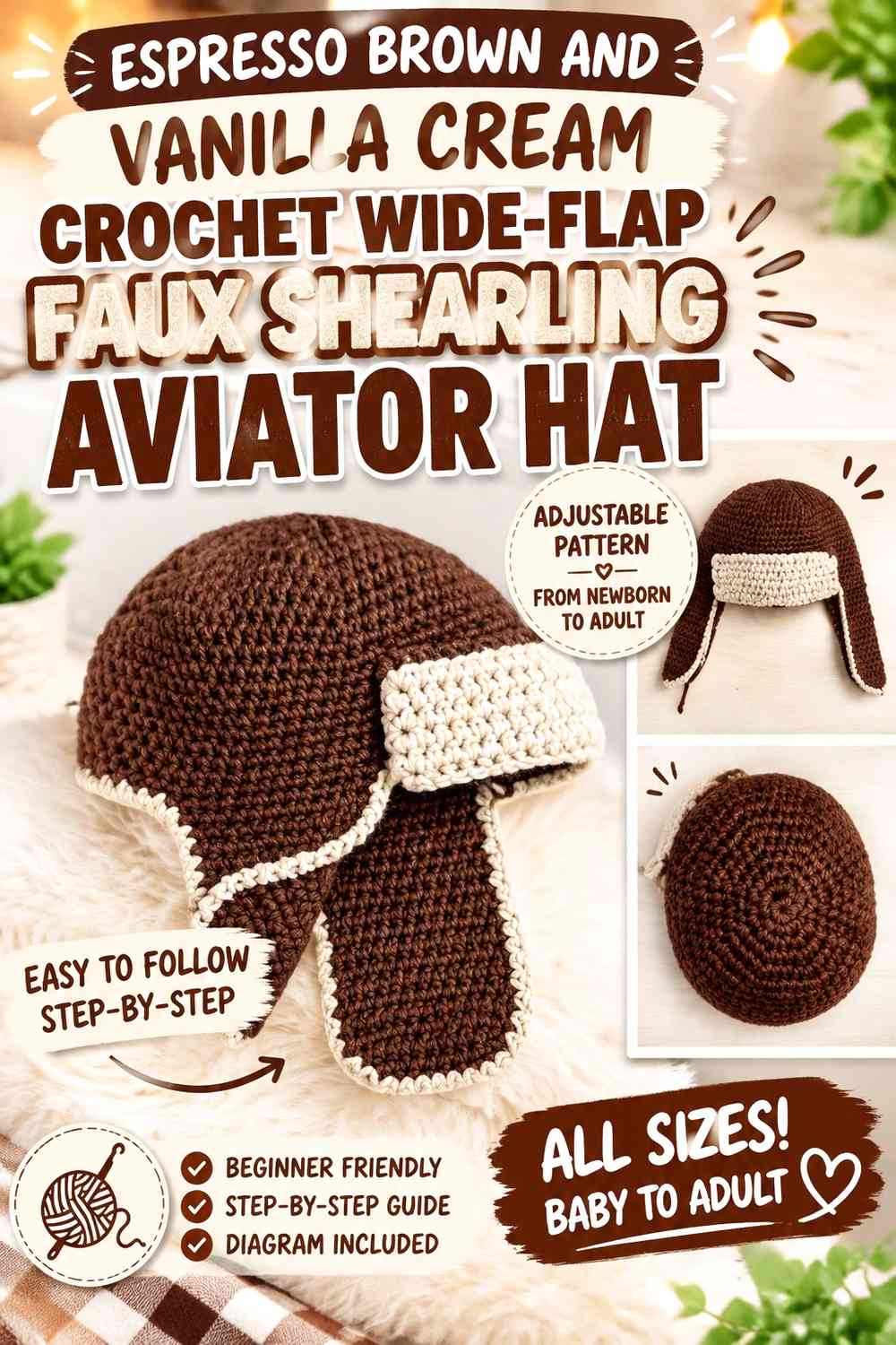 Espresso Brown and Vanilla Cream Crochet Wide-Flap Faux Shearling Aviator Hat