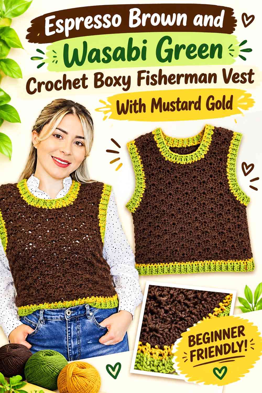 Espresso Brown and Wasabi Green Crochet Boxy Fisherman Vest With Mustard Gold