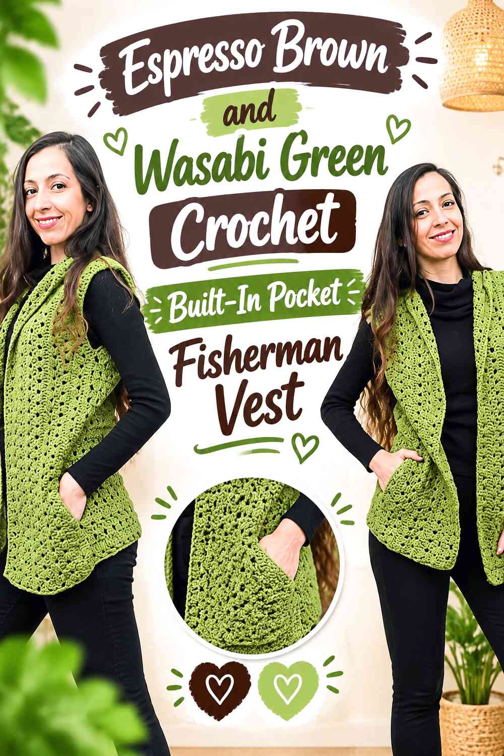 Espresso Brown and Wasabi Green Crochet Built-In Pocket Fisherman Vest