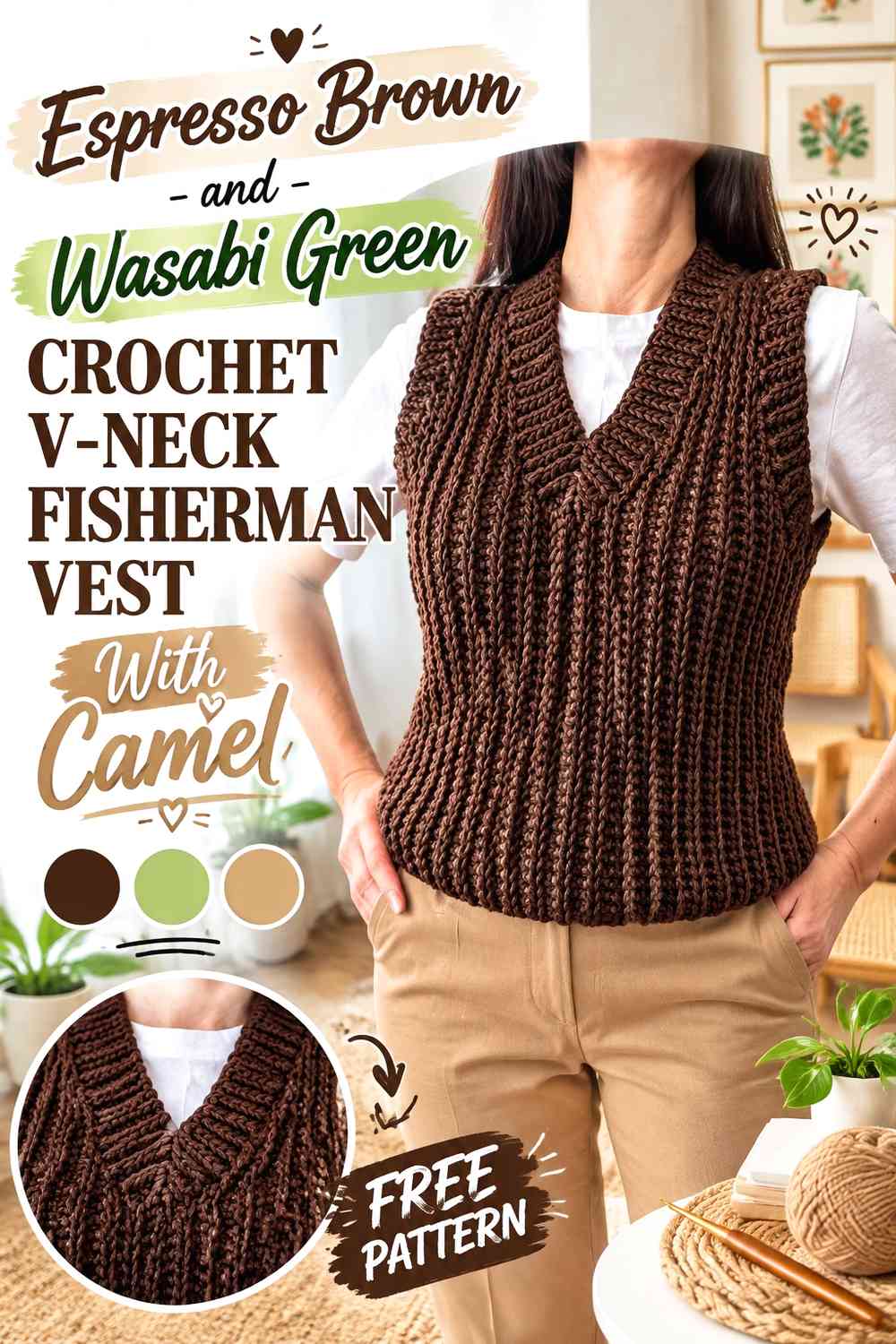 Espresso Brown and Wasabi Green Crochet V-Neck Fisherman Vest With Camel