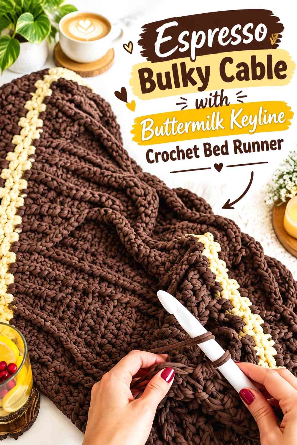 Espresso Bulky Cable with Buttermilk Keyline Crochet Bed Runner