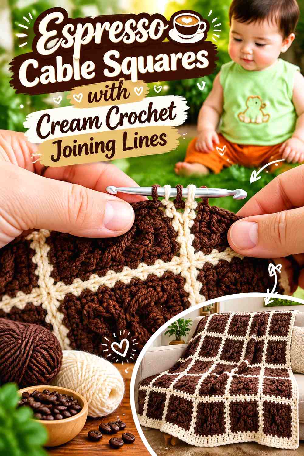 Espresso Cable Squares with Cream Crochet Joining Lines