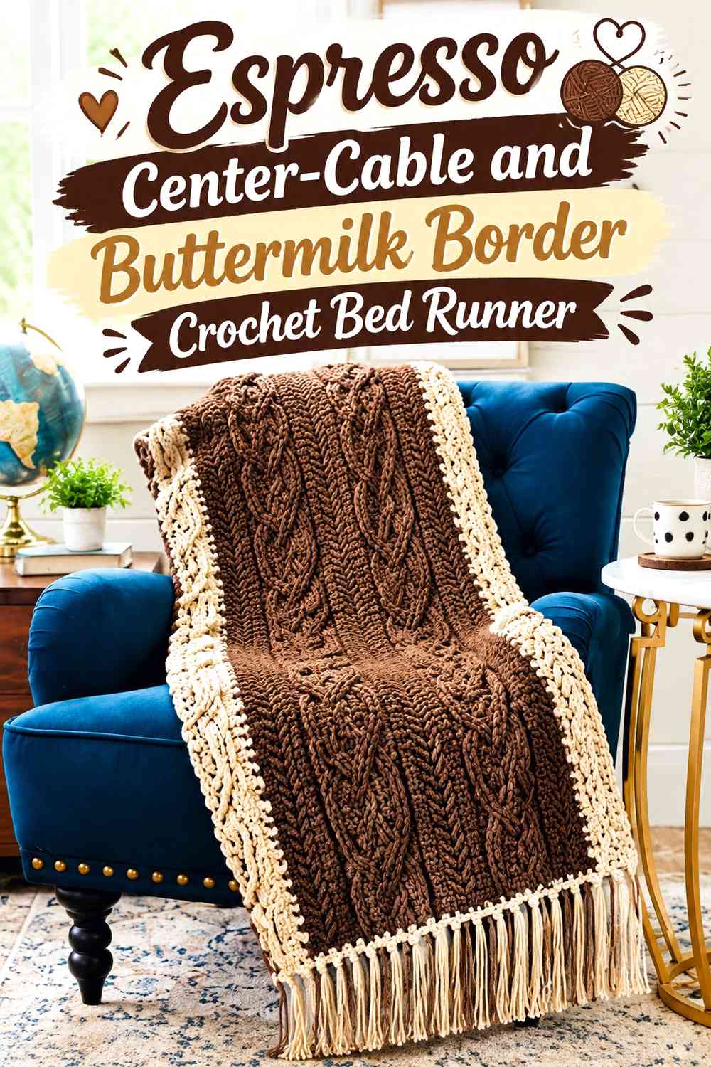 Espresso Center-Cable and Buttermilk Border Crochet Bed Runner
