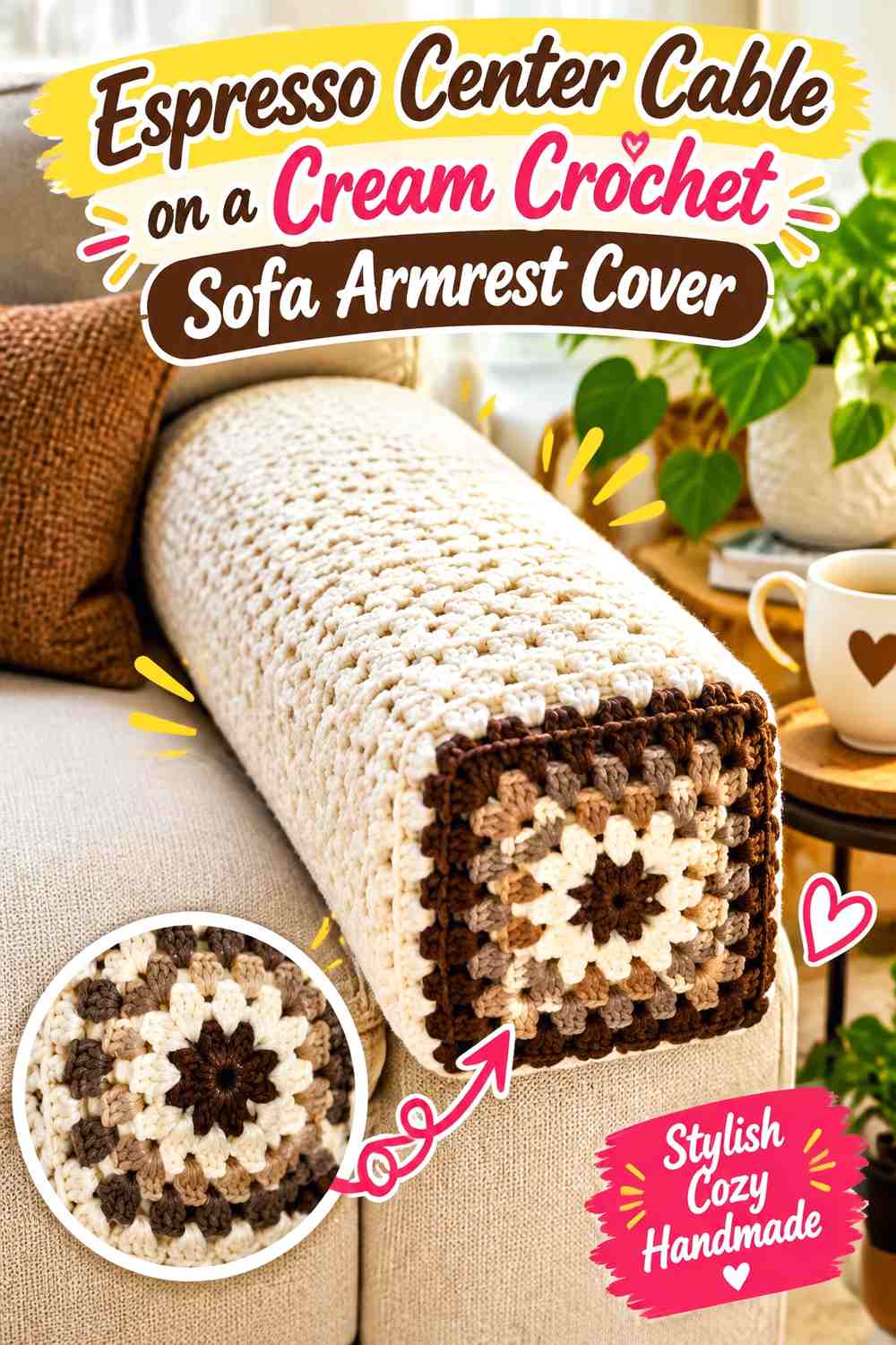 Espresso Center Cable on a Cream Crochet Sofa Armrest Cover