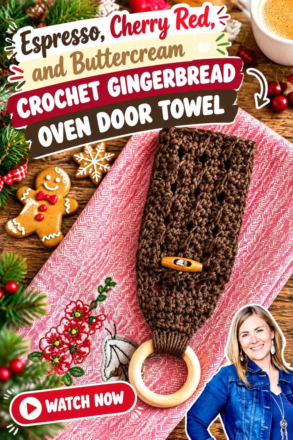 Espresso, Cherry Red, and Buttercream Crochet Gingerbread Oven Door Towel