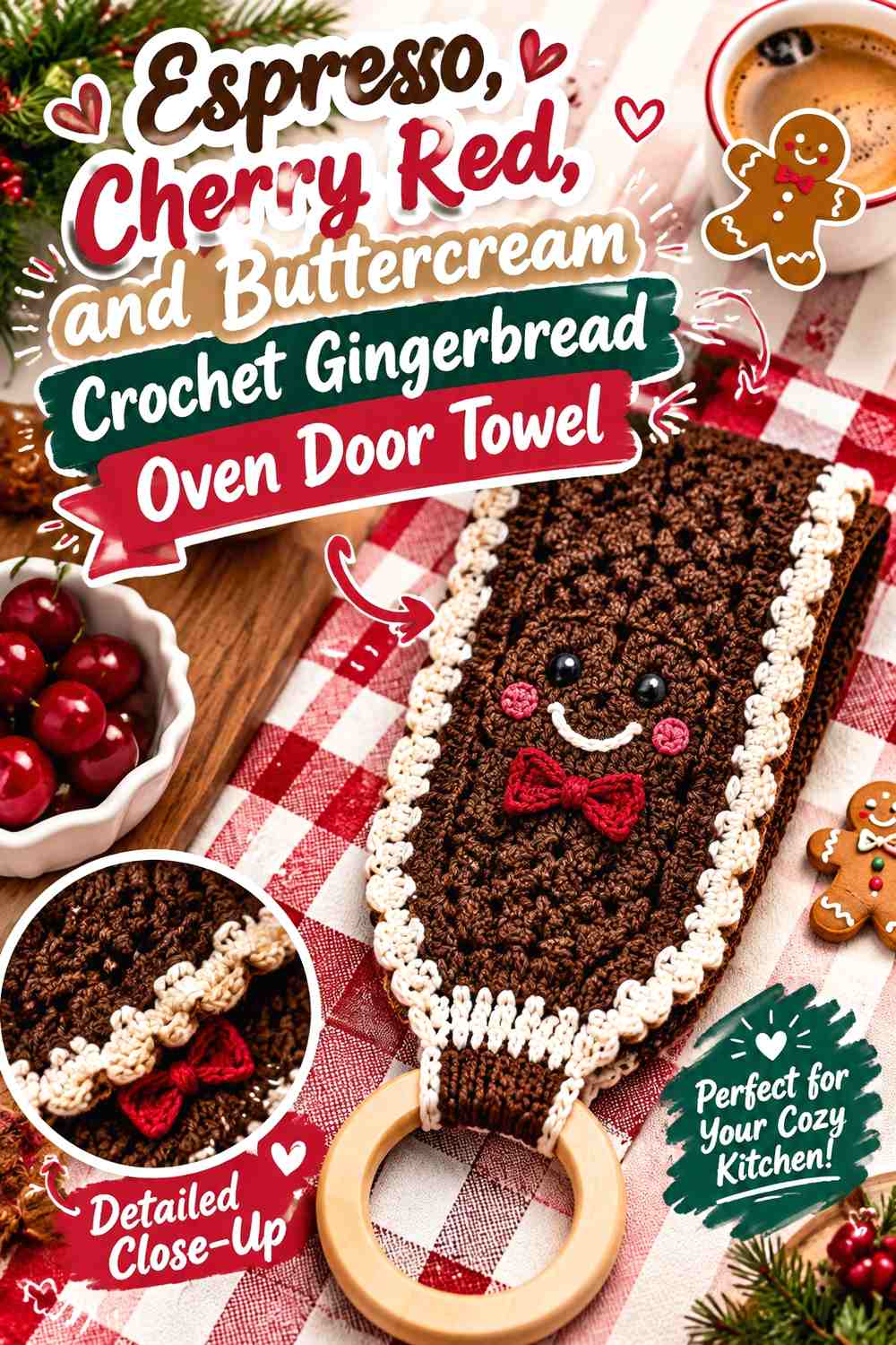 Espresso, Cherry Red, and Buttercream Crochet Gingerbread Oven Door Towel