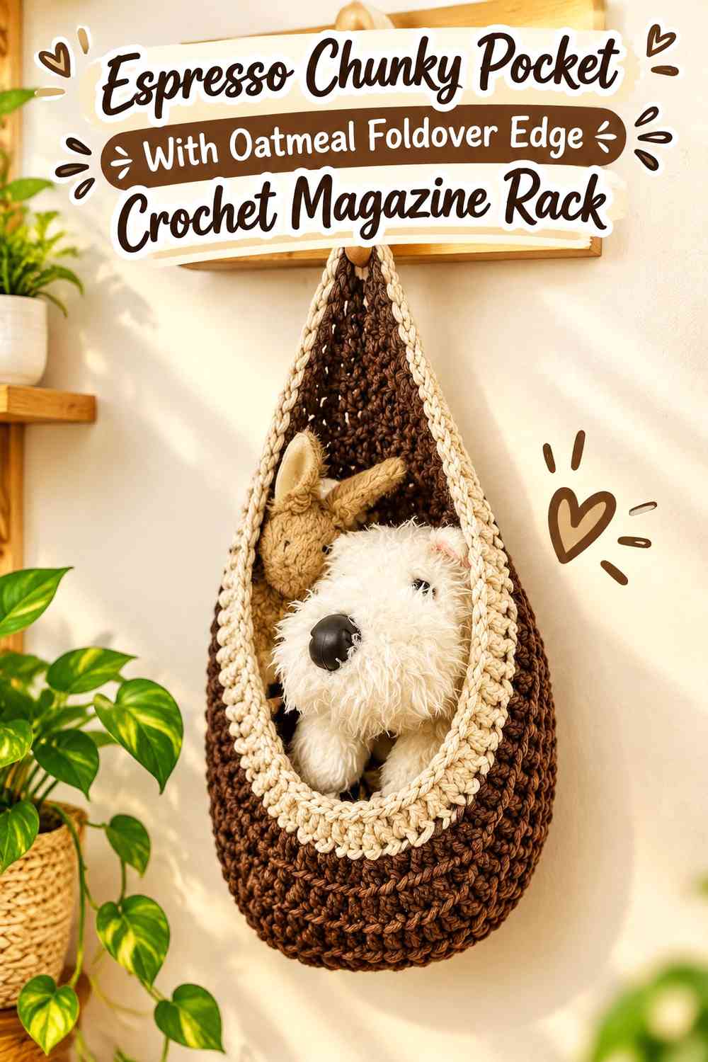 Espresso Chunky Pocket With Oatmeal Foldover Edge Crochet Magazine Rack