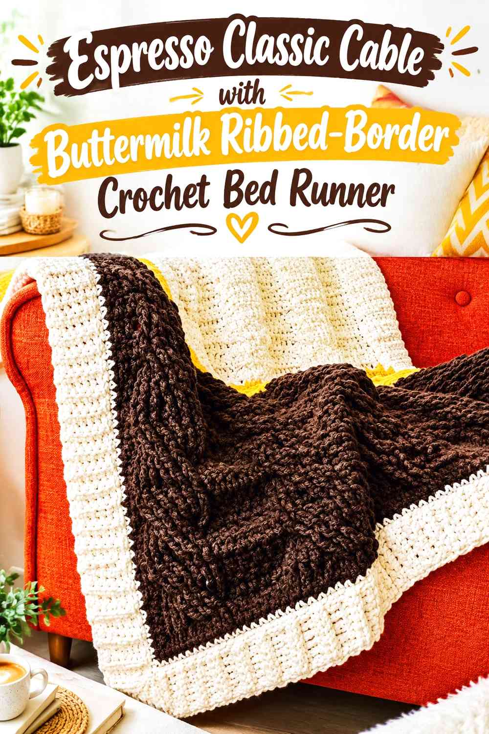 Espresso Classic Cable with Buttermilk Ribbed-Border Crochet Bed Runner