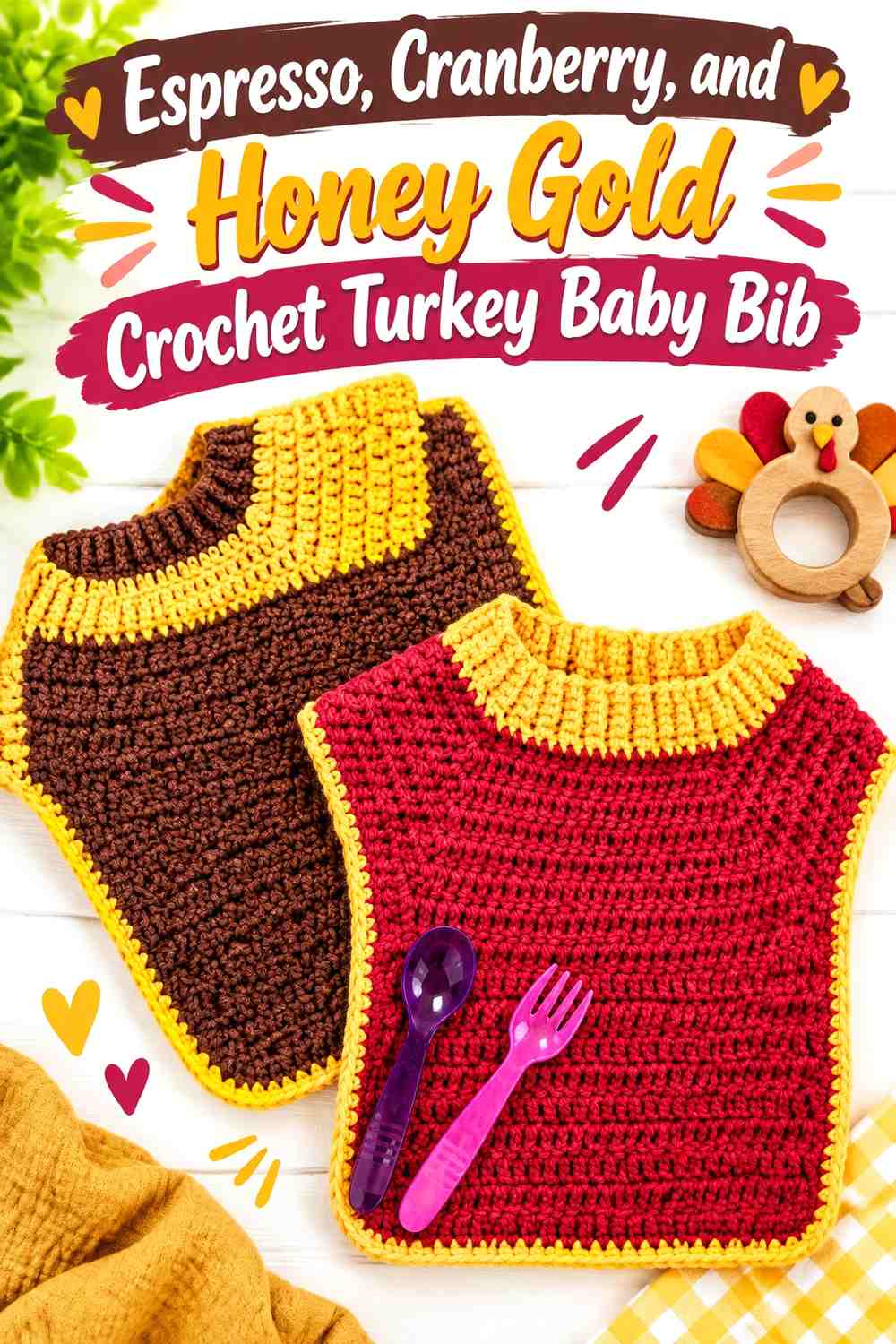 Espresso, Cranberry, and Honey Gold Crochet Turkey Baby Bib