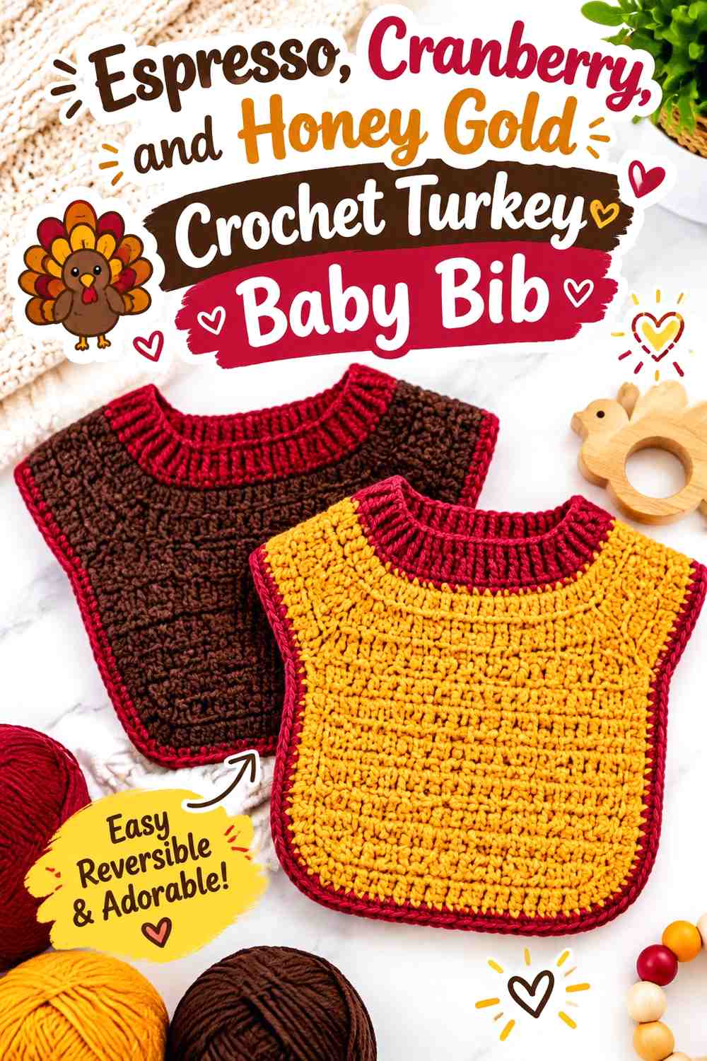 Espresso, Cranberry, and Honey Gold Crochet Turkey Baby Bib