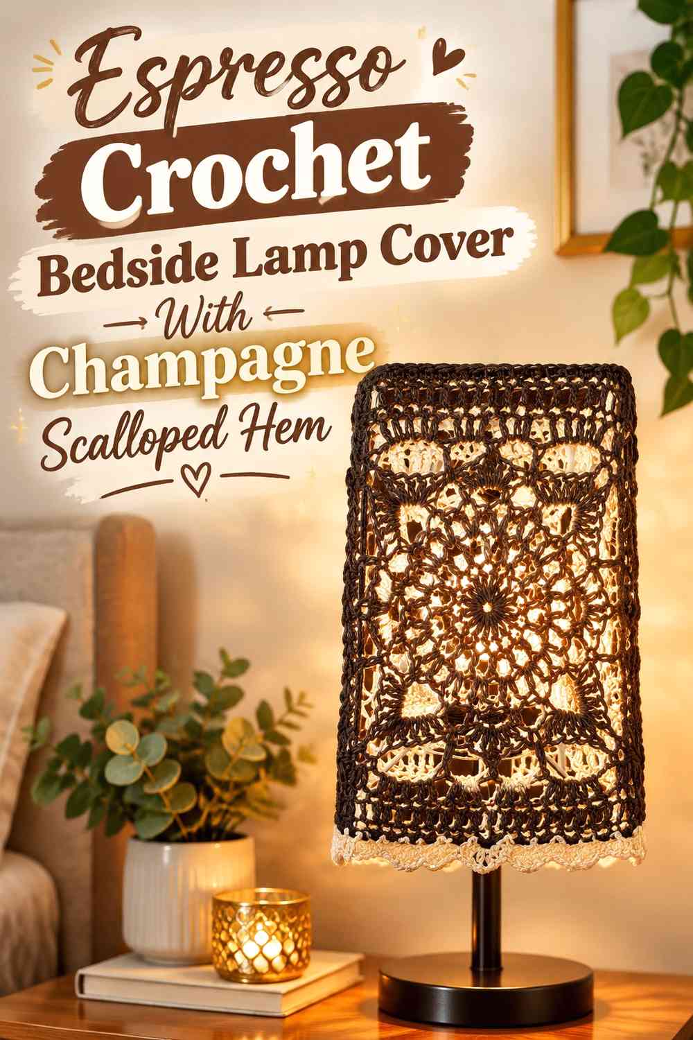 Espresso Crochet Bedside Lamp Cover With Champagne Scalloped Hem